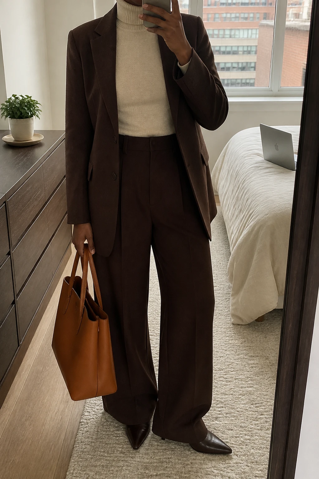 Image Prompt: Mirror selfie of a black woman wearing a cream fitted cashmere-blend turtleneck sweater tucked into chocolate brown high-waisted wide-leg tailored trousers, a dark brown single-breasted wool blazer worn open, dark brown leather pointed-toe ankle boots with low heels, and a structured caramel leather work tote, holding a phone in front of a mirror, cropped at the NECK so the face does not show, with a relaxed casual selfie pose, in a stylish city apartment, soft natural window light, a laptop on the bed and a small plant on a dresser, natural brown and cream tones, realistic fine-knit texture, latest iPhone photo quality, no additional clothing or accessories.