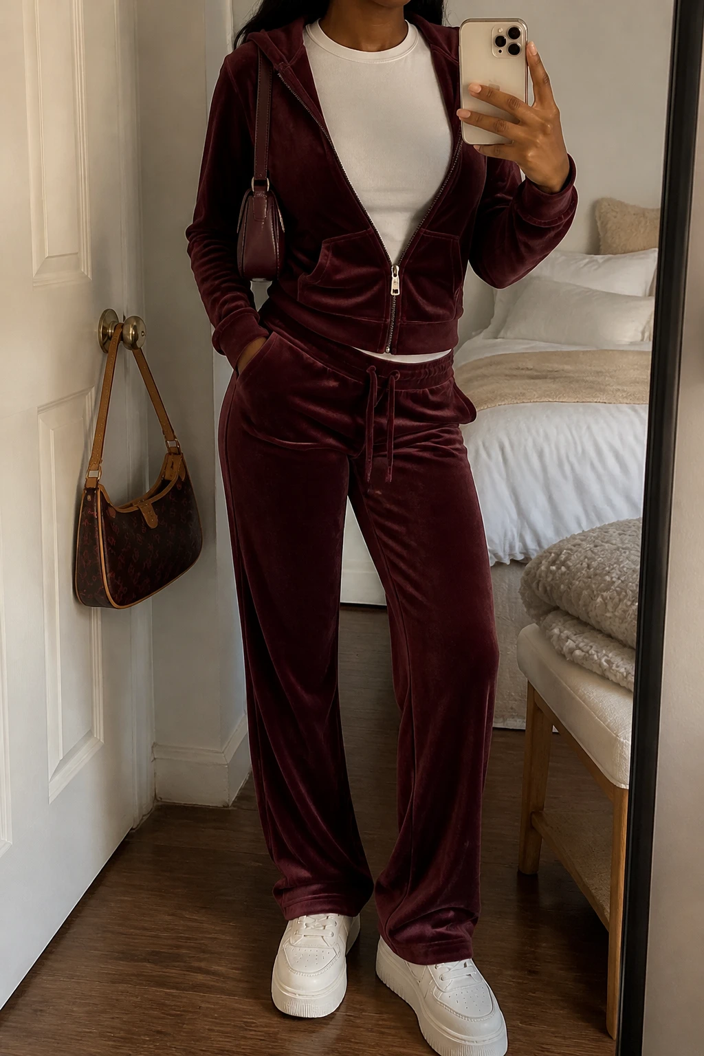 Image Prompt: Mirror selfie of a black woman wearing a matching burgundy plush velour zip-up hoodie and straight-leg velour track pants, a fitted white cotton crewneck T-shirt visible beneath the partly unzipped hoodie, white platform leather sneakers with thick soles, and a small burgundy faux-leather shoulder bag, holding a phone in front of a mirror, cropped at the NECK so the face does not show, with a relaxed casual selfie pose, in a cozy bedroom mirror setup, soft warm indoor lighting, a folded blanket on a chair and a handbag hanging on a door handle, realistic plush velour texture with subtle natural sheen, casual early 2000s-inspired outfit, latest iPhone photo quality, no additional clothing or accessories.