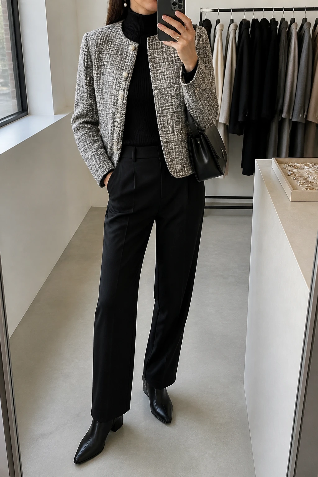 Image Prompt: Mirror selfie of a woman wearing a grey and ivory tweed collarless jacket with small pearl-style buttons over a black fitted fine-knit turtleneck sweater, black high-waisted straight-leg tailored wool trousers, black polished leather pointed-toe ankle boots with low block heels, a structured black leather shoulder bag, and small pearl drop earrings, holding a phone in front of a mirror, cropped at the NECK so the face does not show, with a relaxed casual selfie pose, in a fashion studio mirror corner, soft natural window light, a clothing rack with garments behind and a jewelry tray on the vanity, realistic grey tweed texture, natural black wool trouser folds and understated elegant styling, latest iPhone photo quality, no additional clothing or accessories.