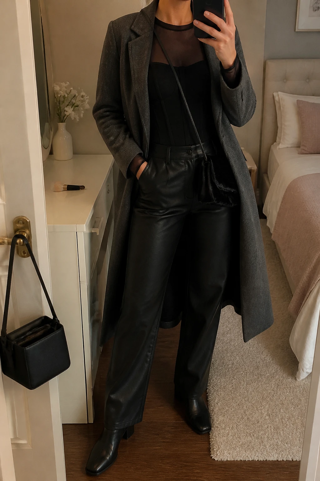 Image Prompt: Mirror selfie of a woman wearing a black structured square-neck corset-style top layered over a black fitted long-sleeve mesh top, black straight-leg faux-leather trousers, a long charcoal grey tailored wool coat worn open, black leather low block-heel ankle boots, and a small black satin crossbody bag, holding a phone in front of a mirror, cropped at the NECK so the face does not show, with a relaxed casual selfie pose, in a feminine-themed bedroom, warm moody indoor lighting, a makeup brush on the vanity and a handbag hanging on a door handle, realistic layered fabric, natural leather finish and believable proportions, latest iPhone photo quality, no additional clothing or accessories.