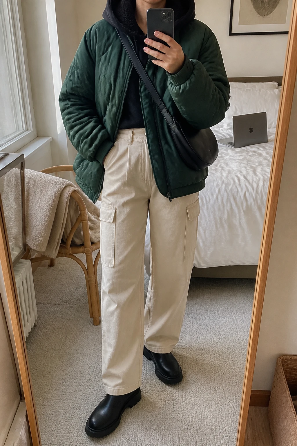 Image Prompt: Mirror selfie of a woman wearing a forest green oversized insulated quilted puffer jacket over a black thick fleece-lined hoodie, cream high-waisted straight-leg cotton cargo trousers with side pockets, black waterproof leather chunky Chelsea boots with rubber soles, and a small black nylon crossbody bag, holding a phone in front of a mirror, cropped at the NECK so the face does not show, with a relaxed casual selfie pose, in a cozy bedroom mirror setup, soft natural window light, a folded blanket on a chair and a laptop on the bed, realistic forest green quilted fabric, natural cream cargo trouser folds and soft black fleece texture, latest iPhone photo quality, no additional clothing or accessories.
