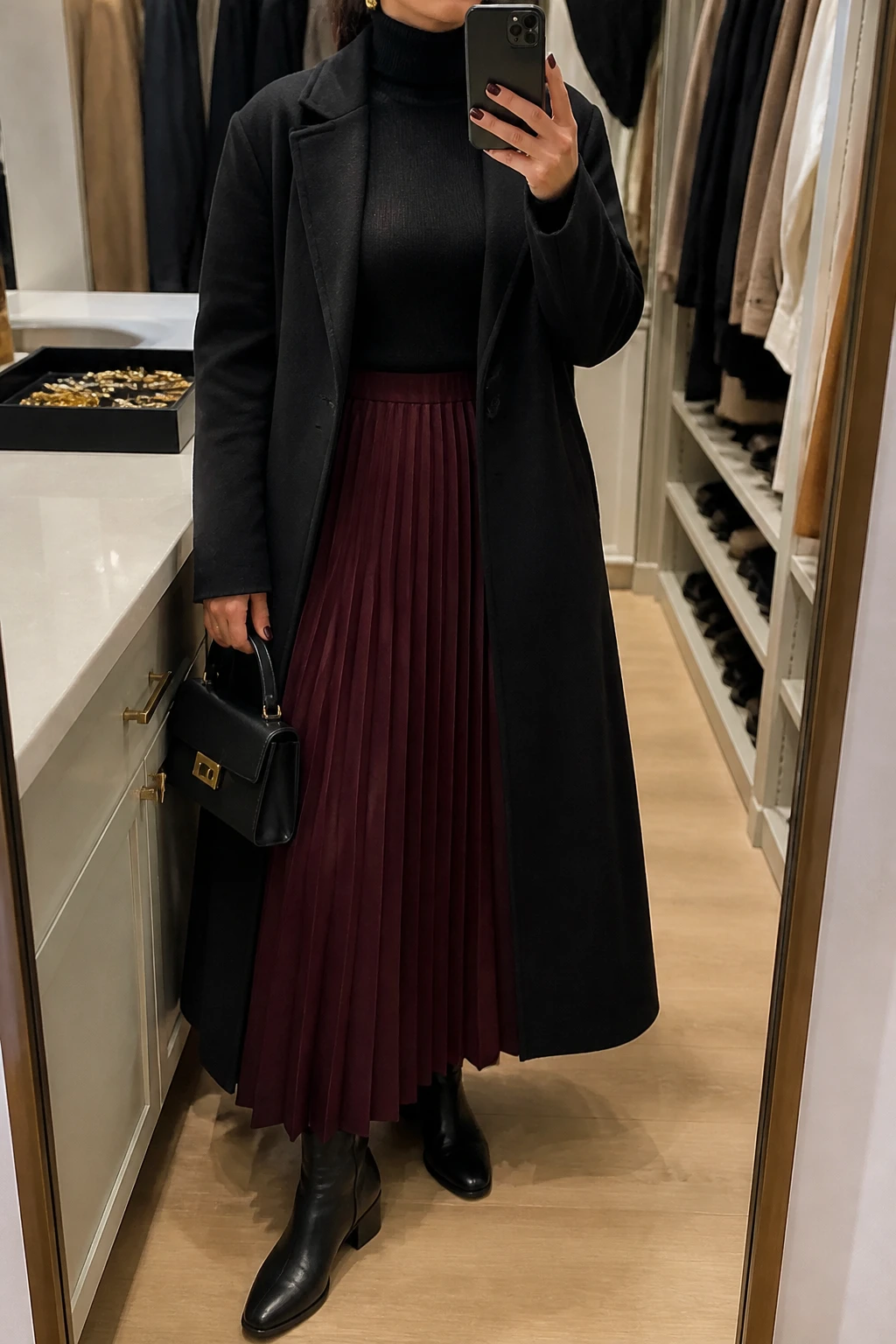 Image Prompt: Mirror selfie of a woman wearing a black fitted cashmere turtleneck sweater tucked into a deep burgundy wool-blend pleated maxi skirt, black leather knee-high boots with low block heels, a long black tailored wool coat worn open, a small black leather top-handle handbag, and delicate gold stud earrings, holding a phone in front of a mirror, cropped at the NECK so the face does not show, with a relaxed casual selfie pose, in a walk-in closet mirror, warm soft indoor lighting, an open closet with clothes visible and a jewelry tray on the vanity, realistic burgundy wool pleats, natural black cashmere knit fabric, subtle warm lighting, latest iPhone photo quality, no additional clothing or accessories.