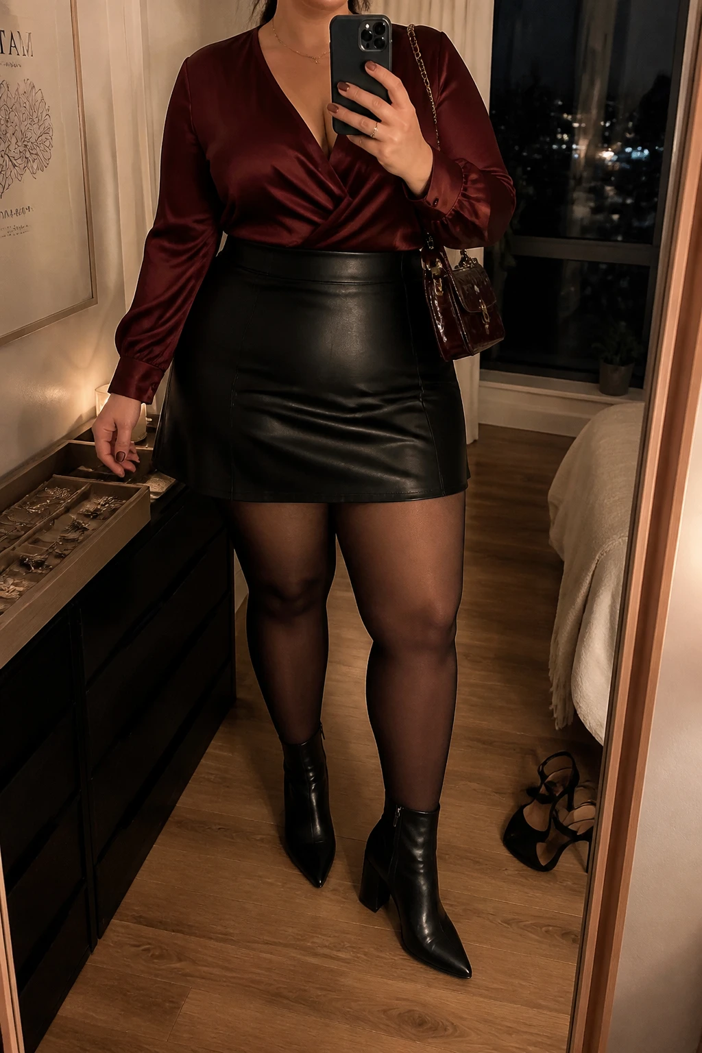 Mirror selfie of a plus size woman wearing a high-waisted black faux-leather A-line mini skirt, a burgundy satin long-sleeve wrap top, sheer black tights, black pointed ankle boots with block heels, and a small burgundy patent shoulder bag, clearly showing the exact clothing items, colors, fabrics, leather texture, footwear, tights, and accessories listed, holding a phone in front of a mirror, cropped at the neck so the face does not show, relaxed confident selfie pose, in a stylish city apartment with warm moody lighting, a jewelry tray on the dresser and a pair of heels on the floor nearby, natural unstaged appearance, latest iPhone photo quality.
