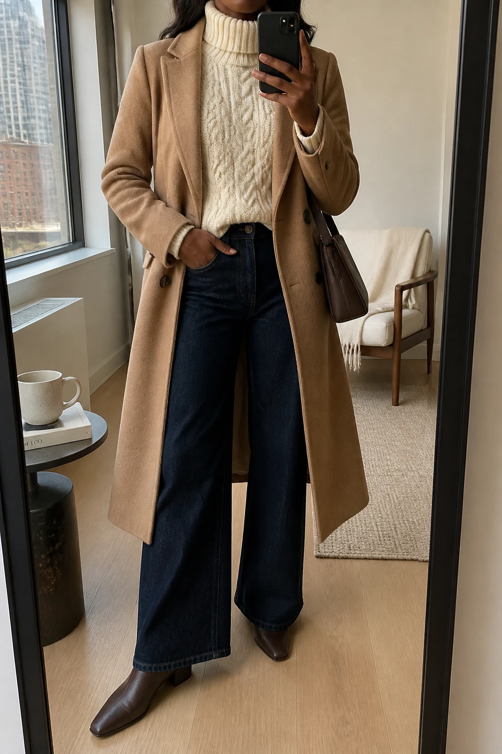Image Prompt: Mirror selfie of a black woman wearing a long camel double-breasted tailored wool coat worn open over a cream chunky cable-knit turtleneck sweater with a small front tuck, dark indigo high-waisted wide-leg denim jeans with a clean full-length hem, dark brown leather pointed-toe ankle boots with low block heels, a structured chocolate brown leather shoulder bag, and delicate gold stud earrings, holding a phone in front of a full-length mirror, cropped at the NECK so the face does not show, with a relaxed casual selfie pose, in a stylish city apartment, natural window light, a coffee mug on a side table and a folded blanket on a chair, realistic camel wool texture, visible cream cable-knit stitches, natural dark denim creases, believable fabric proportions, slight everyday imperfections, latest iPhone photo quality, no additional clothing or accessories.