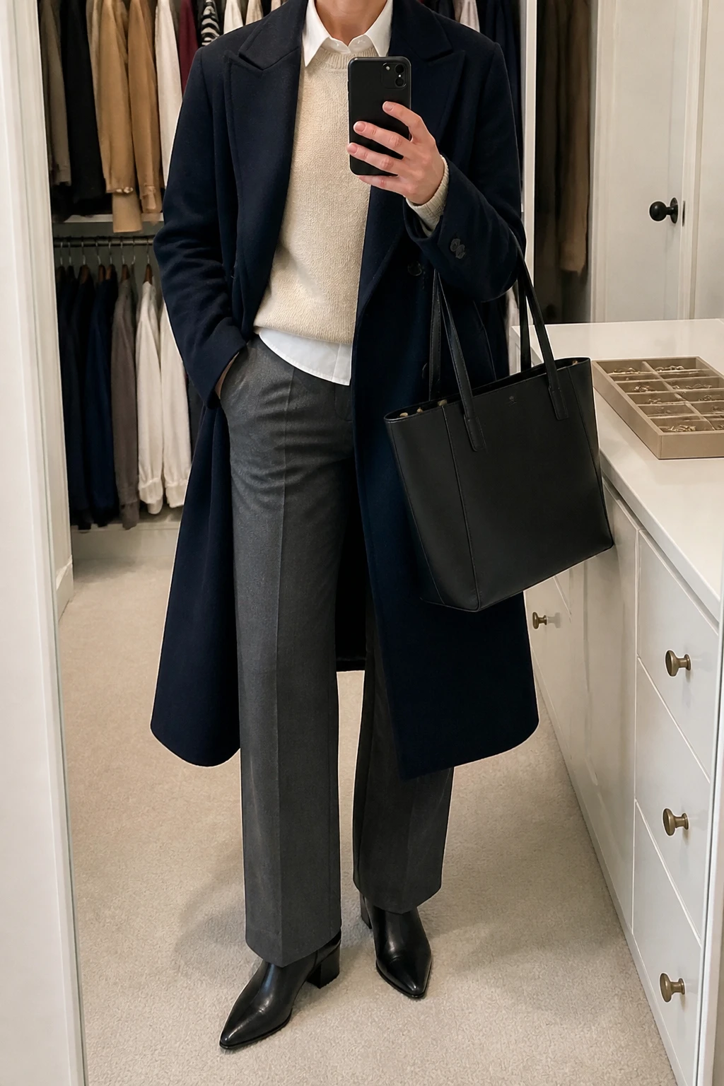Image Prompt: Mirror selfie of a woman wearing a long navy double-breasted tailored wool coat worn open over a cream fine-knit cashmere crewneck sweater layered above a white cotton collared button-front shirt with the collar visible, charcoal grey high-waisted straight-leg tailored trousers, black leather pointed-toe ankle boots with low block heels, and a structured black leather work tote, holding a phone in front of a mirror, cropped at the NECK so the face does not show, with a relaxed casual selfie pose, in a walk-in closet mirror, soft indoor lighting, an open closet with clothes visible and a jewelry tray on the vanity, realistic navy wool texture, natural grey trouser creases, soft knit fabric and latest iPhone photo quality, no additional clothing or accessories.