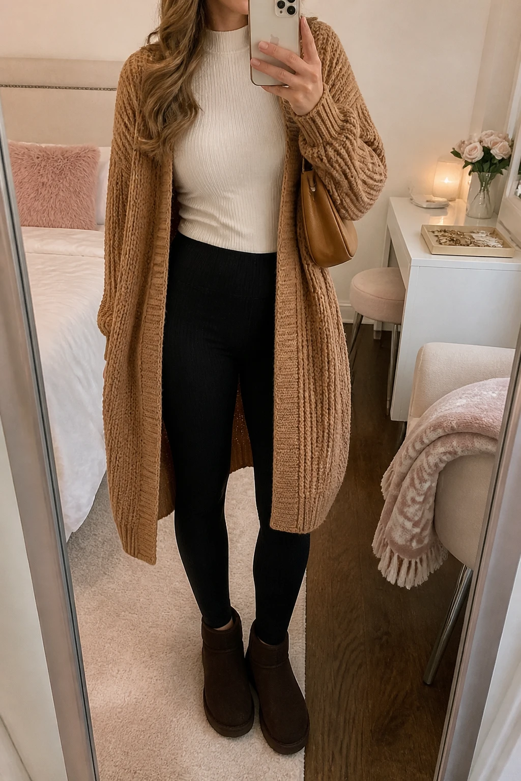 Image Prompt: Mirror selfie of a woman wearing a long camel chunky-knit open-front cardigan over an ivory fitted ribbed long-sleeve mock-neck top, black high-waisted thick ribbed leggings, chocolate brown suede flat ankle boots, and a small tan leather shoulder bag, holding a phone in front of a mirror, cropped at the NECK so the face does not show, with a relaxed casual selfie pose, in a feminine-themed bedroom, warm soft indoor lighting, a folded blanket on a chair and a jewelry tray on the vanity, realistic chunky camel cardigan texture, natural ribbed black leggings and comfortable everyday appearance, latest iPhone photo quality, no additional clothing or accessories.