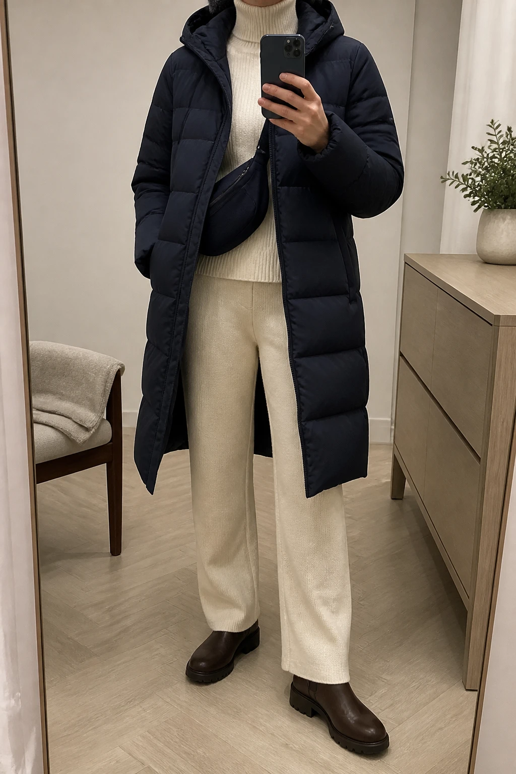 Image Prompt: Mirror selfie of a woman wearing a long navy insulated hooded puffer coat over an ivory chunky ribbed mock-neck sweater, cream high-waisted straight-leg thick knit trousers, dark brown waterproof insulated ankle boots with flat rubber lug soles, a small navy nylon crossbody bag, and a charcoal grey ribbed knit beanie, holding a phone in front of a mirror, cropped at the NECK so the face does not show, with a relaxed casual selfie pose, in a minimal dressing room, soft indoor lighting, a folded blanket on a chair and a small plant on a dresser, realistic navy puffer volume, natural cream knit trouser folds and warm winter textures, latest iPhone photo quality, no additional clothing or accessories.