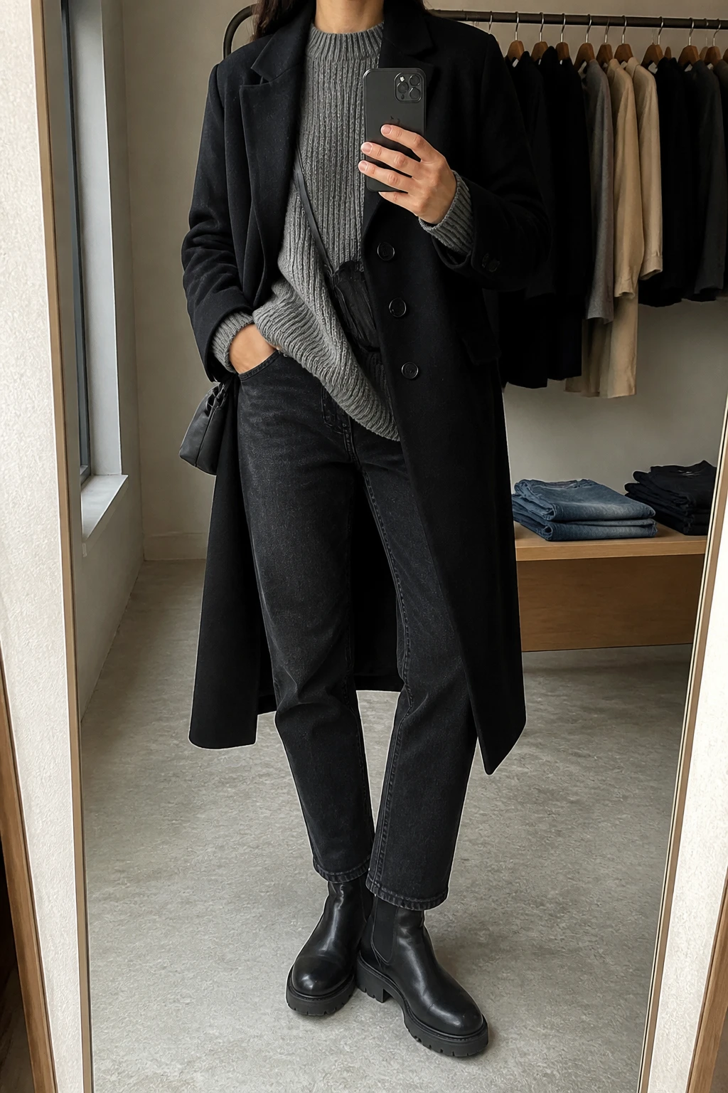 Image Prompt: Mirror selfie of a woman wearing a long black single-breasted wool coat over a heather grey oversized ribbed crewneck sweater, washed black straight-leg denim jeans, black leather chunky Chelsea boots with thick flat lug soles, and a small black nylon crossbody bag, holding a phone in front of a mirror, cropped at the NECK so the face does not show, with a relaxed casual selfie pose, in a minimal dressing room, soft natural window light, a clothing rack with garments behind and folded denim jeans on a bench, realistic black leather boots, natural wool coat drape and denim creases, latest iPhone photo quality, no additional clothing or accessories.