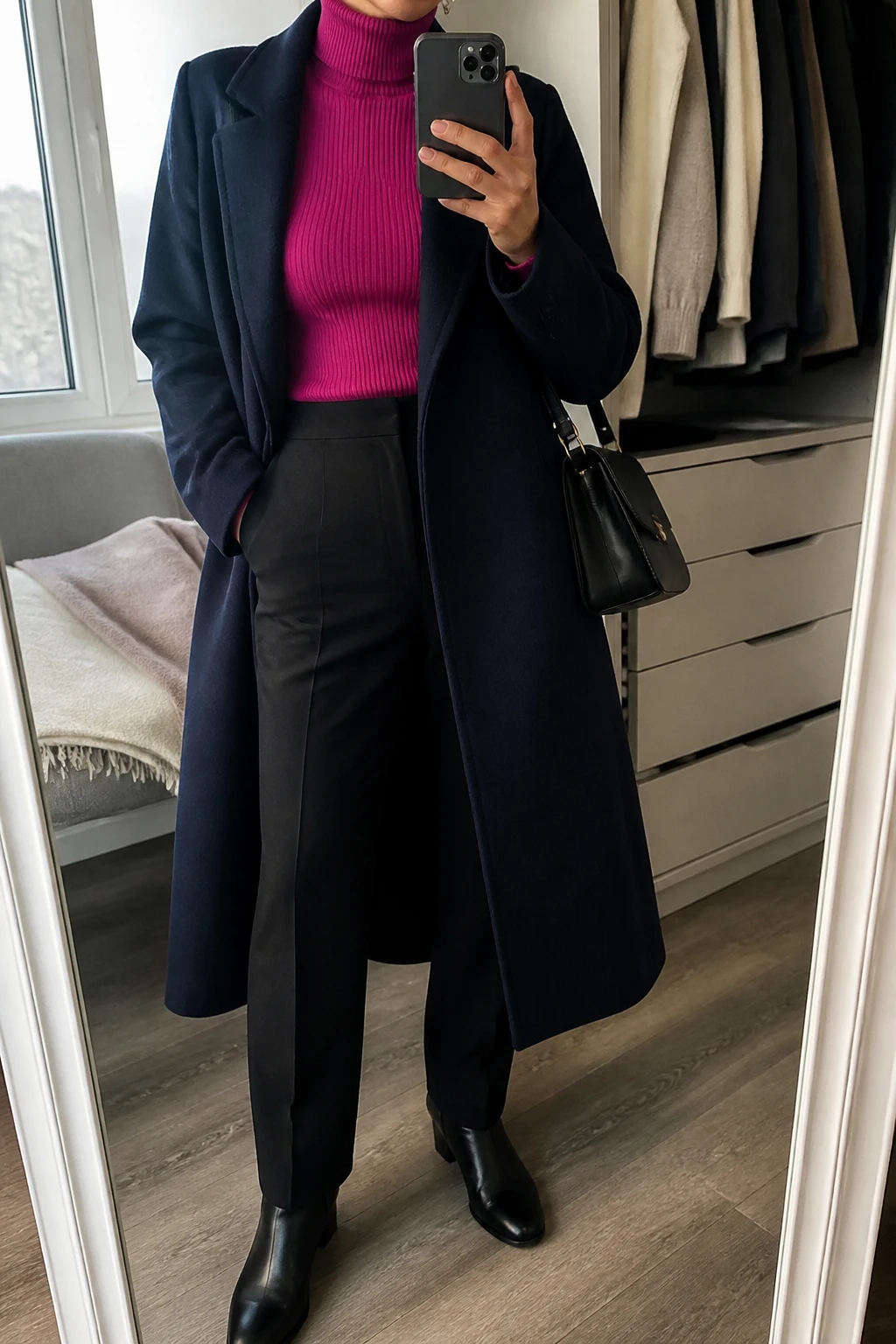 Image Prompt: Mirror selfie of a woman wearing a long midnight navy tailored wool coat left open over a vivid cool raspberry pink fitted ribbed turtleneck sweater, black high-waisted straight-leg wool trousers, black polished leather ankle boots with low block heels, a structured black leather shoulder bag, and small silver stud earrings, holding a phone in front of a mirror, cropped at the NECK so the face does not show, with a relaxed casual selfie pose, in a walk-in closet mirror, soft natural window light, an open closet with clothes visible and a folded blanket on a chair, realistic raspberry pink ribbed knit texture, natural navy wool folds and believable cool-toned winter color rendering, latest iPhone photo quality, no additional clothing or accessories.