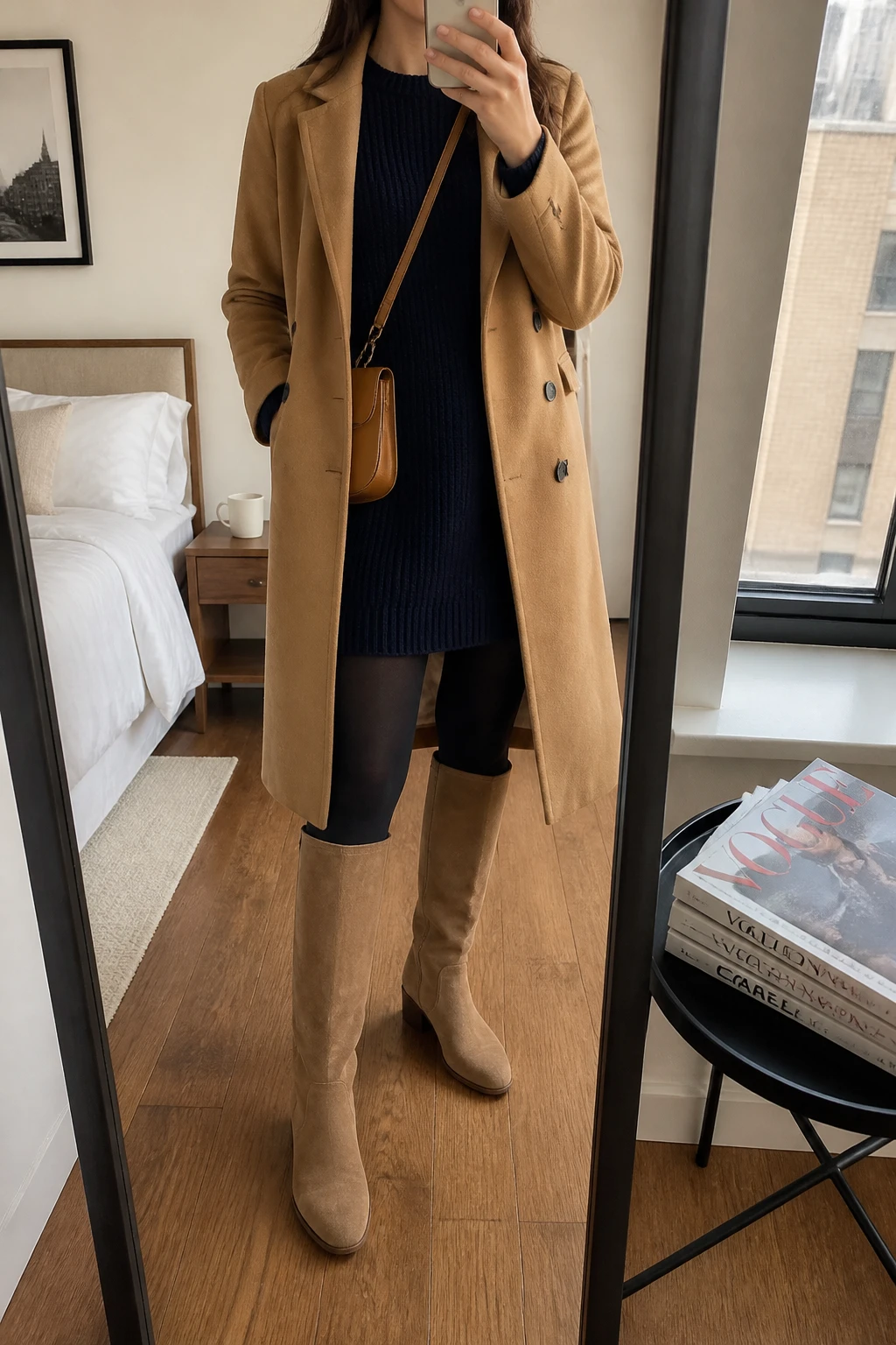 Image Prompt: Mirror selfie of a woman wearing a navy long-sleeve chunky-knit sweater dress with a relaxed straight silhouette and above-knee hem, black opaque thermal tights, tan suede knee-high boots with low block heels, a camel double-breasted wool coat worn open, and a small tan leather crossbody bag, holding a phone in front of a mirror, cropped at the NECK so the face does not show, with a relaxed casual selfie pose, in a stylish city apartment, soft natural window light, a stack of fashion magazines on a side table and a coffee mug on a bedside table, natural navy knit texture, realistic suede details, latest iPhone photo quality, no additional clothing or accessories.