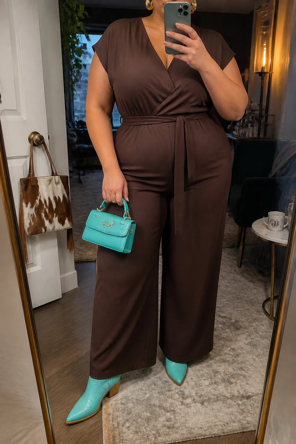 Mirror selfie of a plus size woman wearing a chocolate brown wide-leg jumpsuit with short sleeves, a V-neckline, and a matching waist tie, turquoise leather pointed ankle cowboy boots, a small turquoise structured handbag, and hammered gold hoop earrings, clearly showing the exact jumpsuit, chocolate fabric, turquoise boots, matching bag, and accessories listed, holding a phone in front of a mirror, cropped at the neck so the face does not show, relaxed confident selfie pose, in a stylish city apartment with warm moody lighting, a handbag hanging on a door handle and a coffee mug on a side table, realistic statement Western styling, latest iPhone photo quality.
