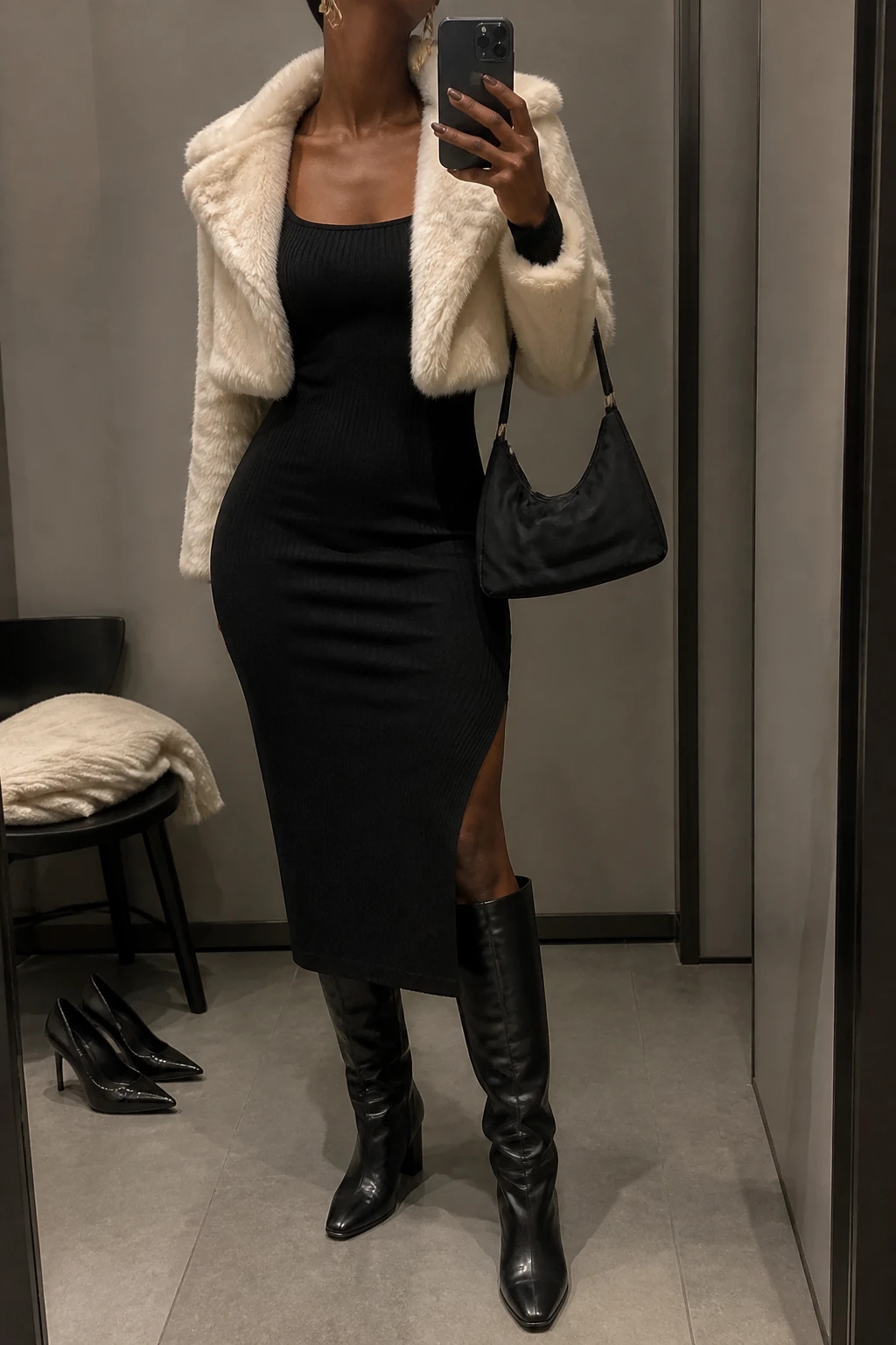Image Prompt: Mirror selfie of a black woman wearing a black long-sleeve fitted ribbed knit midi dress with a square neckline and small side slit, a cropped cream faux-fur jacket worn open, black leather knee-high boots with block heels, a small black satin shoulder bag, and sculptural gold drop earrings, holding a phone in front of a mirror, cropped at the NECK so the face does not show, with a relaxed casual selfie pose, in a minimal dressing room, warm moody lighting, a pair of heels on the floor and a folded blanket on a chair, realistic black ribbed knit fabric, natural cream faux-fur texture and warm evening shadows, latest iPhone photo quality, no additional clothing or accessories.