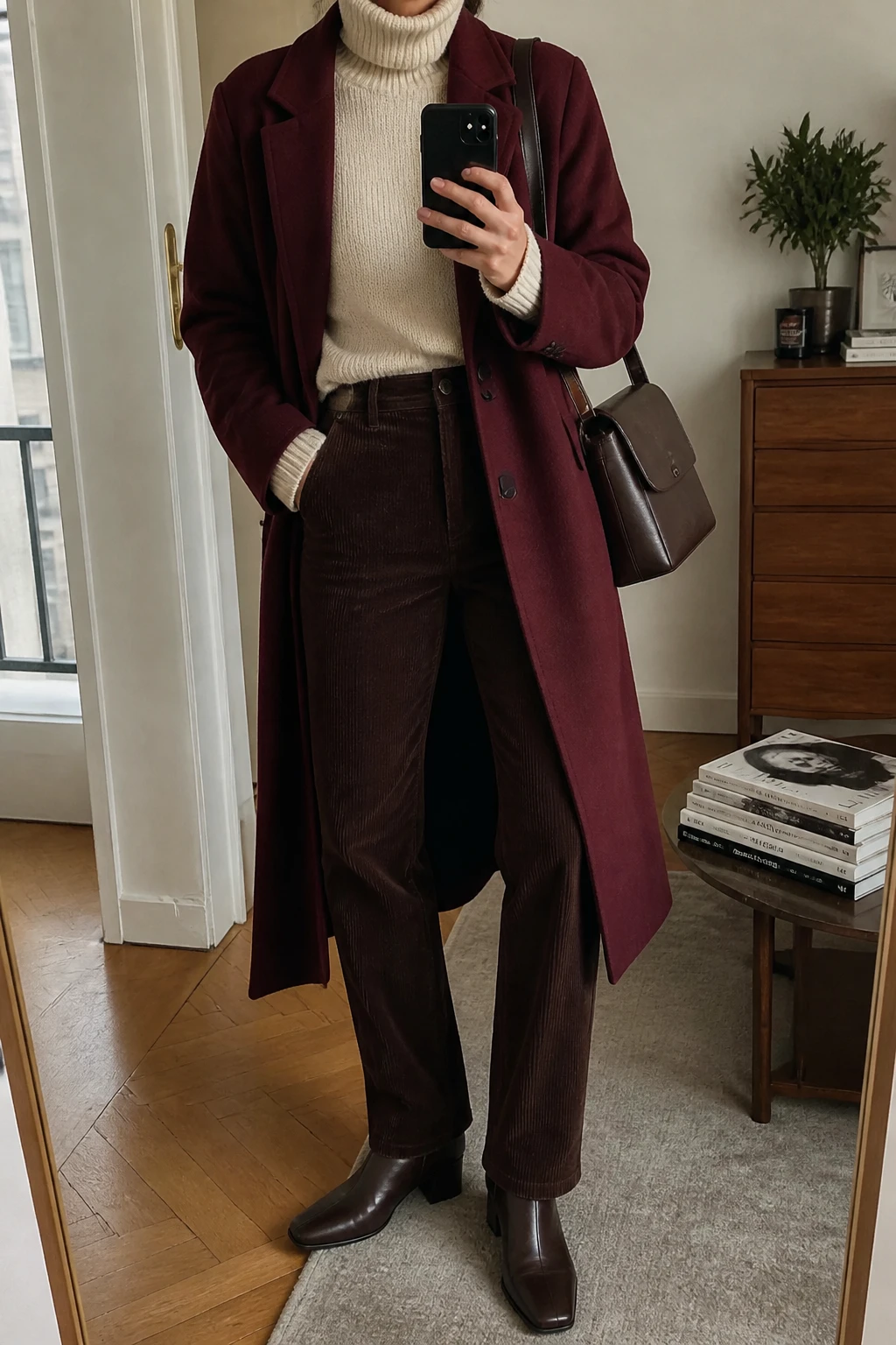 Image Prompt: Mirror selfie of a woman wearing a long burgundy tailored wool coat left open over a cream thick ribbed turtleneck sweater, chocolate brown high-waisted straight-leg corduroy trousers, dark brown leather heeled ankle boots with low block heels, and a structured dark brown leather shoulder bag, holding a phone in front of a mirror, cropped at the NECK so the face does not show, with a relaxed casual selfie pose, in a stylish city apartment, soft natural window light, a stack of fashion magazines on a side table and a small plant on a dresser, realistic burgundy wool texture, natural corduroy ridges and sweater folds, latest iPhone photo quality, no additional clothing or accessories.