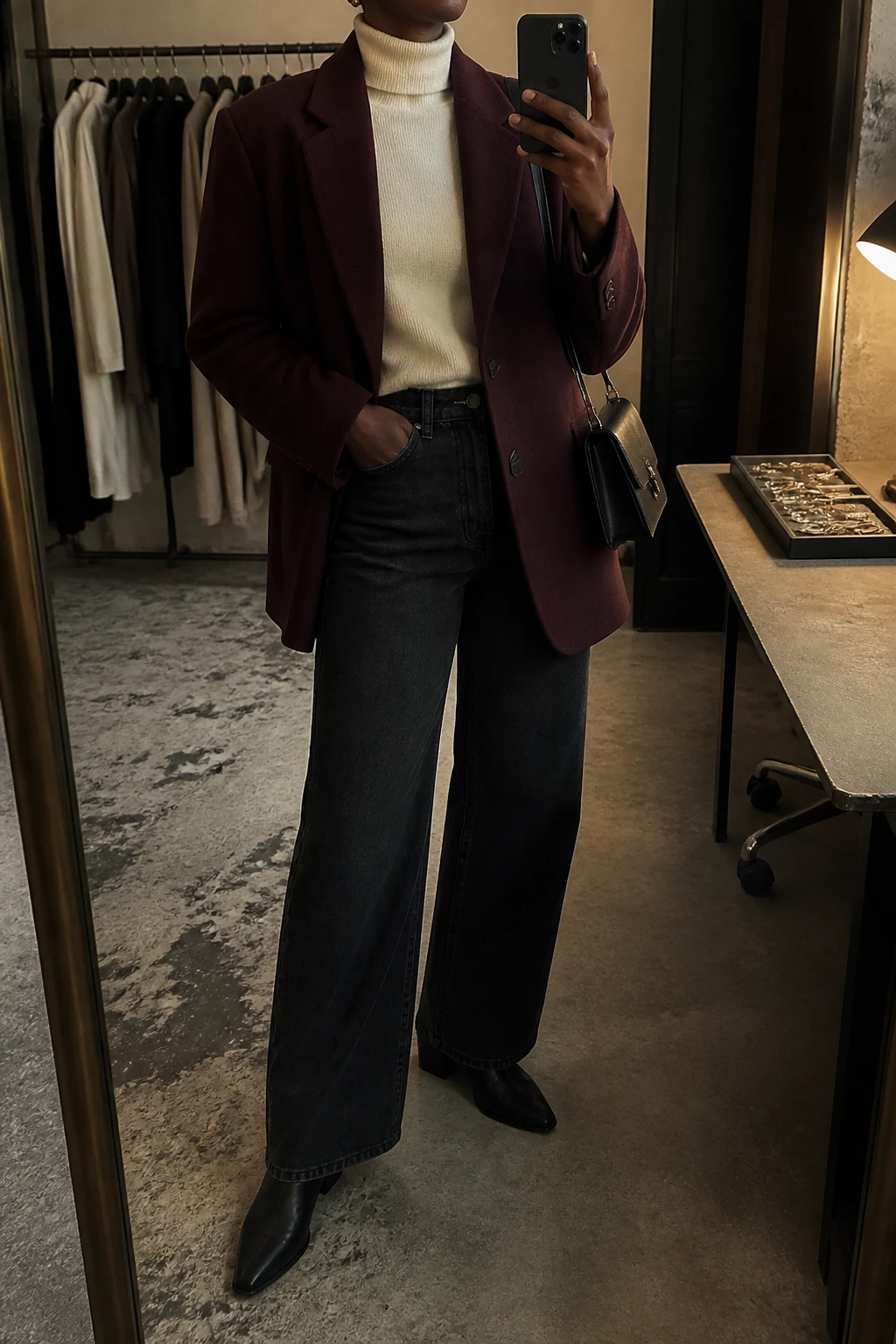 Image Prompt: Mirror selfie of a black woman wearing a deep burgundy oversized single-breasted wool-blend blazer over a cream fitted cashmere turtleneck sweater, washed black high-waisted wide-leg denim jeans, black leather pointed-toe ankle boots with low block heels, a small black structured leather shoulder bag, and delicate gold stud earrings, holding a phone in front of a mirror, cropped at the NECK so the face does not show, with a relaxed casual selfie pose, in a fashion studio mirror corner, warm moody lighting, a clothing rack with garments behind and a jewelry tray on the vanity, realistic burgundy wool tailoring, natural cream cashmere knit, slightly faded black denim, latest iPhone photo quality, no additional clothing or accessories.
