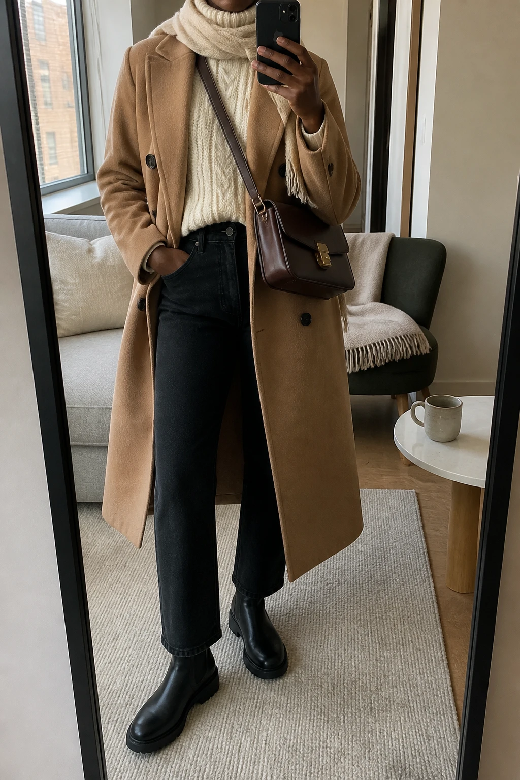 Image Prompt: Mirror selfie of a black woman wearing a long camel double-breasted tailored wool coat worn open over an ivory chunky cable-knit turtleneck sweater, solid black high-waisted straight-leg denim jeans, black waterproof leather Chelsea boots with chunky flat rubber soles, a structured chocolate brown leather crossbody bag, and a soft beige wool scarf wrapped loosely around the neck, holding a phone in front of a full-length mirror, cropped at the NECK so the face does not show, with a relaxed casual selfie pose, in a stylish city apartment, soft natural window light, a coffee mug on a side table and a folded blanket on a chair, realistic camel wool texture, natural ivory cable-knit stitches, slightly creased black denim, believable everyday proportions, latest iPhone photo quality, no additional clothing or accessories.