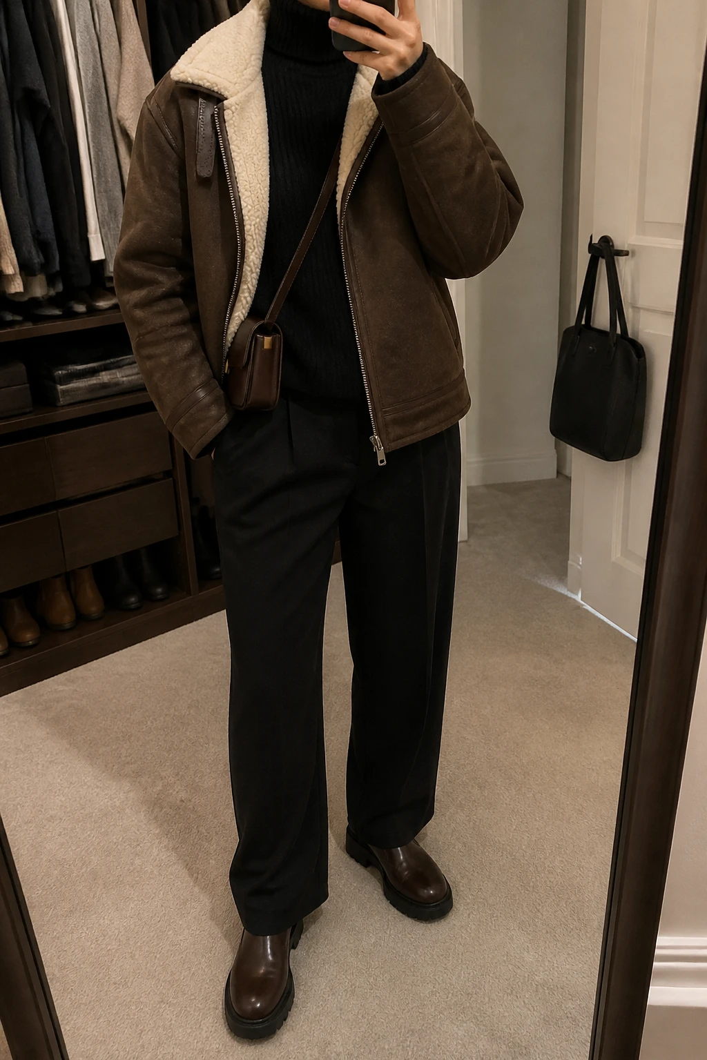 Image Prompt: Mirror selfie of a woman wearing a chocolate brown faux-suede jacket with a cream shearling collar over a black thick fine-ribbed turtleneck sweater, black relaxed straight-leg wool-blend trousers, dark brown leather chunky ankle boots, and a small chocolate brown leather crossbody bag, holding a phone in front of a mirror, cropped at the NECK so the face does not show, with a relaxed casual selfie pose, in a walk-in closet mirror, warm soft indoor lighting, an open closet with clothes visible and a handbag hanging on a door handle, believable suede grain and natural winter fabric folds, latest iPhone photo quality, no additional clothing or accessories.