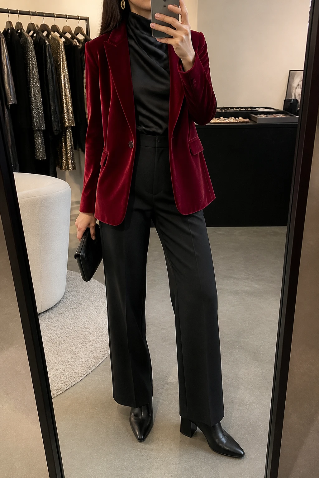 Image Prompt: Mirror selfie of a woman wearing a deep red fitted velvet single-breasted blazer over a black fitted silk mock-neck top, black high-waisted straight-leg tailored wool trousers, black leather pointed-toe block-heel ankle boots, a small black satin clutch, and delicate gold oval earrings, holding a phone in front of a mirror, cropped at the NECK so the face does not show, with a relaxed casual selfie pose, in a fashion studio mirror corner, warm soft indoor lighting, a clothing rack with garments behind and a jewelry tray on the vanity, realistic deep red velvet texture, natural black trouser creases, understated evening styling, latest iPhone photo quality, no additional clothing or accessories.