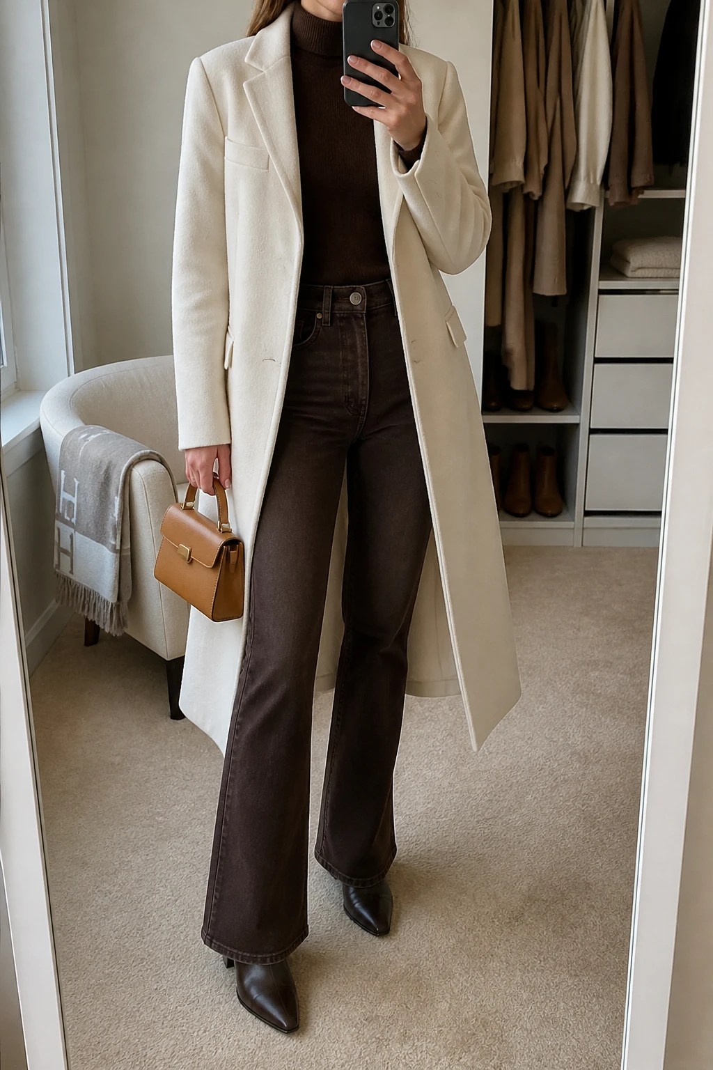 Image Prompt: Mirror selfie of a woman wearing a long cream tailored wool coat over a chocolate brown fitted fine-knit turtleneck sweater, dark chocolate brown high-waisted flared denim jeans, dark brown leather pointed-toe ankle boots with low block heels, and a small caramel leather top-handle bag, holding a phone in front of a mirror, cropped at the NECK so the face does not show, with a relaxed casual selfie pose, in a walk-in closet mirror, soft natural window light, an open closet with clothes visible and a folded blanket on a chair, realistic cream wool texture, natural chocolate denim folds and soft winter color rendering, latest iPhone photo quality, no additional clothing or accessories.