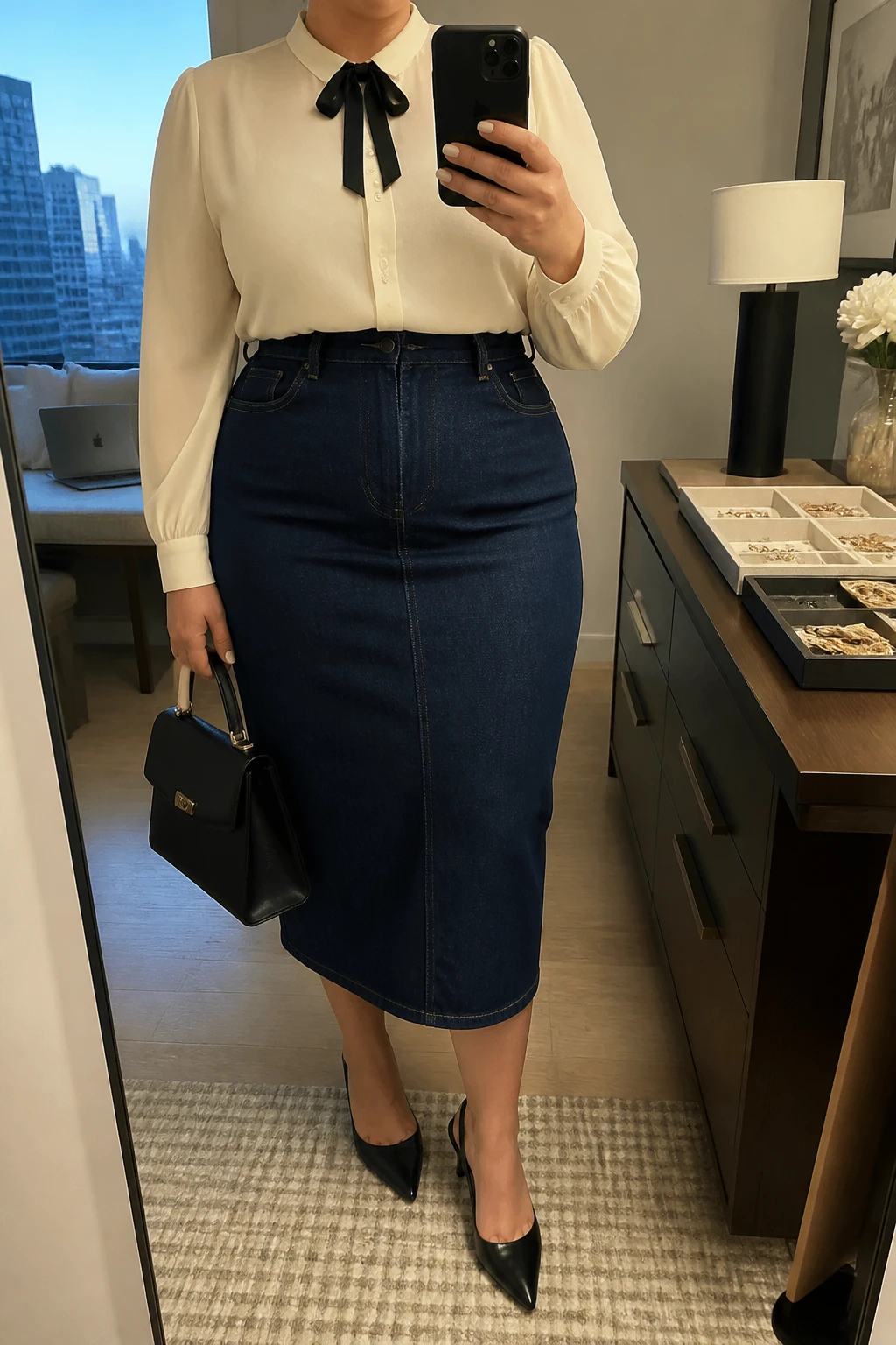 Mirror selfie of a plus size woman wearing a dark indigo high-waisted denim pencil midi skirt with a back walking slit, an ivory chiffon blouse with long sleeves and a small black velvet bow at the neckline, black pointed slingback heels, a structured black handbag, and pearl stud earrings, clearly showing the exact clothing items, dark denim, ivory chiffon, bow detail, footwear, and accessories listed, holding a phone in front of a mirror, cropped at the neck so the face does not show, relaxed professional selfie stance, in a stylish city apartment with soft indoor lighting, a laptop on a bench and a jewelry tray on the dresser, realistic smart-casual office outfit, latest iPhone photo quality.
