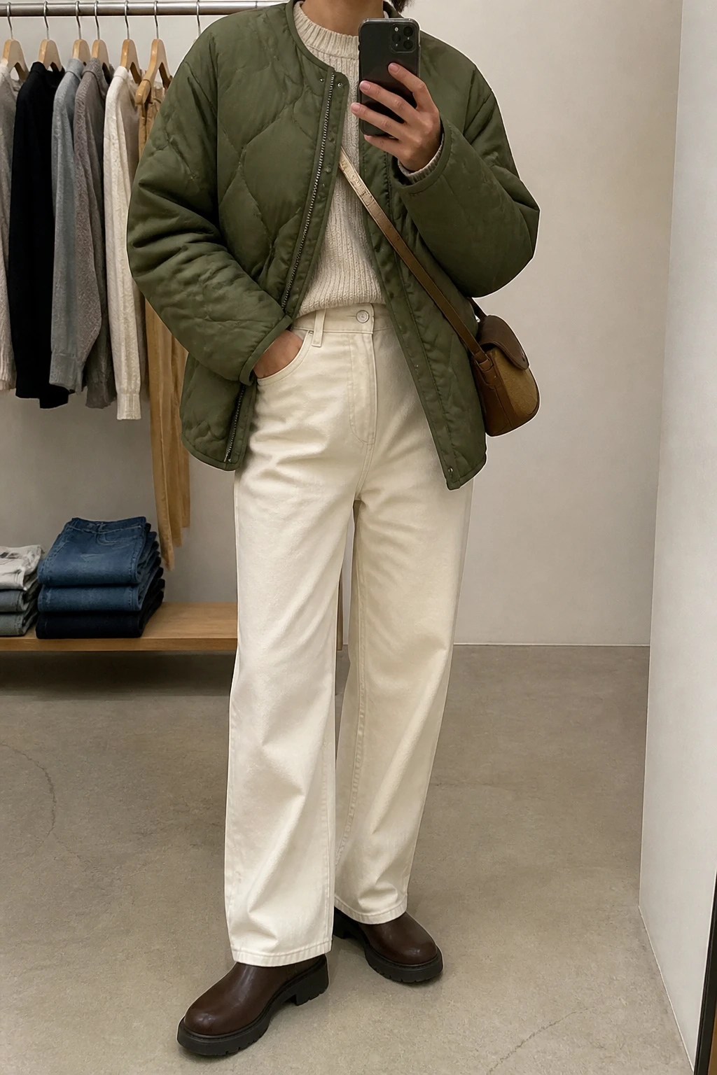 Image Prompt: Mirror selfie of a woman wearing an olive green oversized insulated quilted hip-length jacket over an oatmeal chunky ribbed crewneck sweater, ecru high-waisted wide-leg denim jeans with a warm off-white wash, chocolate brown waterproof leather chunky Chelsea boots with flat rubber soles, and a small caramel canvas-and-leather crossbody bag, holding a phone in front of a mirror, cropped at the NECK so the face does not show, with a relaxed casual selfie pose, in a minimal dressing room, soft indoor lighting, a clothing rack with garments behind and folded denim jeans on a bench, realistic olive quilted jacket, natural oatmeal ribbed knit, slightly creased ecru denim, latest iPhone photo quality, no additional clothing or accessories.