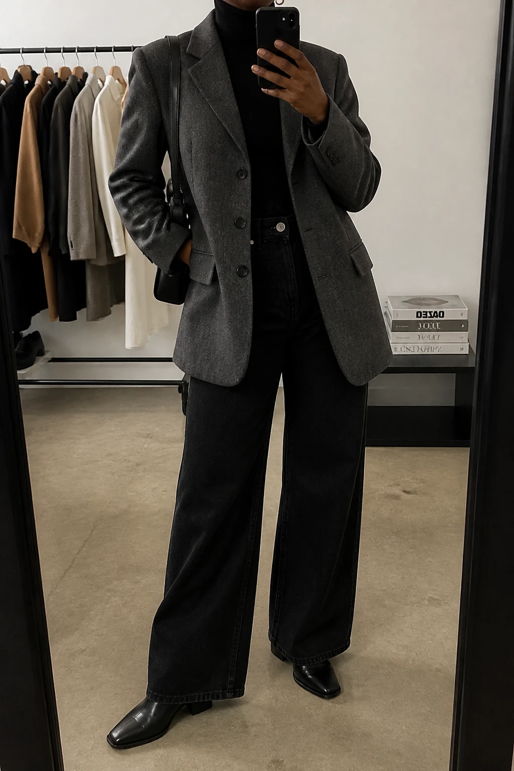 Image Prompt: Mirror selfie of a black woman wearing an oversized charcoal grey single-breasted wool-blend blazer over a black fitted fine-knit turtleneck sweater, solid black high-waisted wide-leg denim jeans with a clean dark finish, black polished leather pointed-toe ankle boots with low block heels, a structured black leather shoulder bag, and small silver hoop earrings, holding a phone in front of a mirror, cropped at the NECK so the face does not show, with a relaxed casual selfie pose, in a fashion studio mirror corner, soft indoor lighting, a clothing rack with garments behind and a stack of fashion magazines on a side table, realistic charcoal wool tailoring, natural black denim folds, subtle leather shine, believable everyday proportions, latest iPhone photo quality, no additional clothing or accessories.