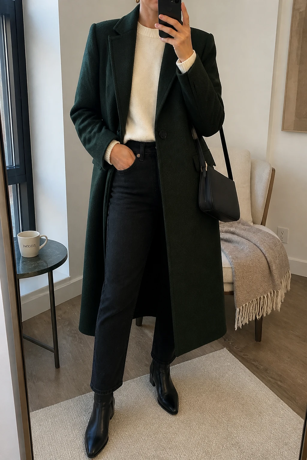Image Prompt: Mirror selfie of a woman wearing a long forest green tailored single-breasted wool coat over an ivory fitted cashmere crewneck sweater, black high-waisted straight-leg denim jeans, black leather pointed-toe ankle boots with low block heels, a structured black leather shoulder bag, and small gold stud earrings, holding a phone in front of a mirror, cropped at the NECK so the face does not show, with a relaxed casual selfie pose, in a stylish city apartment, soft natural window light, a coffee mug on a side table and a folded blanket on a chair, realistic deep green wool texture, natural cream cashmere folds and subtle black denim creases, latest iPhone photo quality, no additional clothing or accessories.