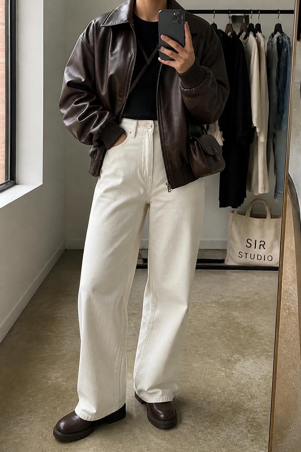 Image Prompt: Mirror selfie of a woman wearing a chocolate brown oversized faux-leather bomber jacket over a fitted black ribbed long-sleeve top, winter-white high-waisted wide-leg denim jeans, dark brown leather chunky ankle boots, and a small chocolate brown leather crossbody bag, holding a phone in front of a mirror, cropped at the NECK so the face does not show, with a relaxed casual selfie pose, in a fashion studio mirror corner, natural window light, a clothing rack with garments behind and a tote bag resting on the floor, true-to-life chocolate brown leather texture, realistic off-white denim folds, latest iPhone photo quality, no additional clothing or accessories.