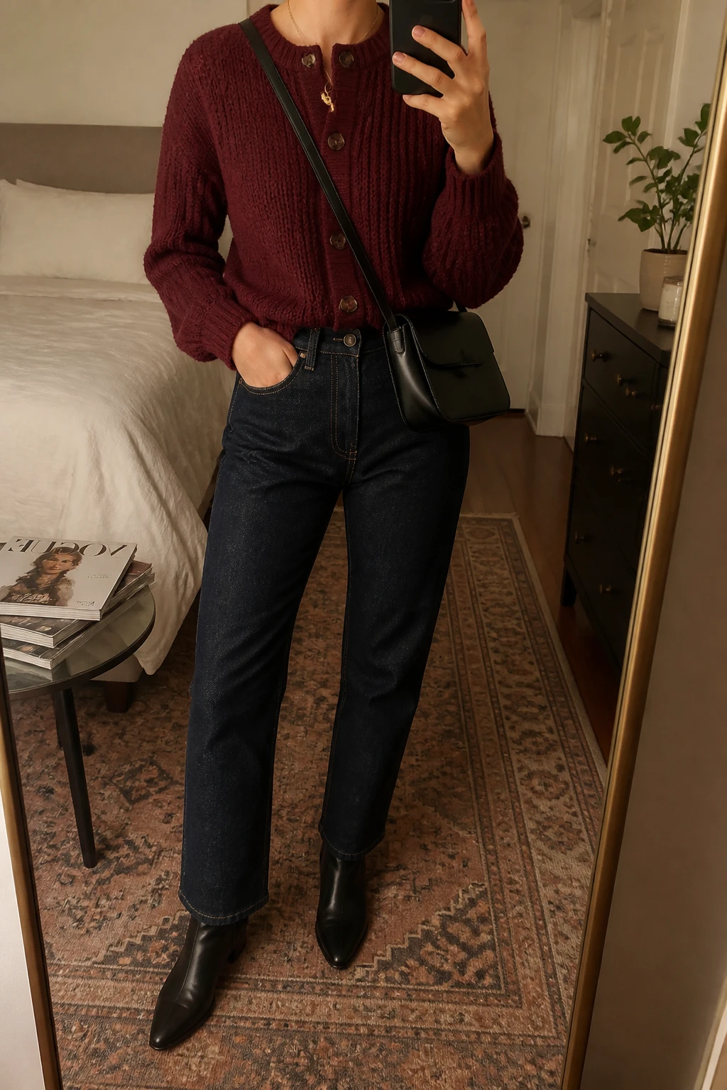 Image Prompt: Mirror selfie of a woman wearing a burgundy chunky-knit button-front cardigan, dark indigo straight-leg jeans, black leather pointed-toe ankle boots, a small black leather crossbody bag, and a simple gold pendant necklace, holding a phone in front of a mirror, cropped at the NECK so the face does not show, with a relaxed casual selfie pose, in a cozy bedroom mirror setup, warm soft indoor lighting, a stack of fashion magazines on a side table and a small plant on a dresser, realistic knit texture and denim creases, latest iPhone photo quality, no additional clothing or accessories.