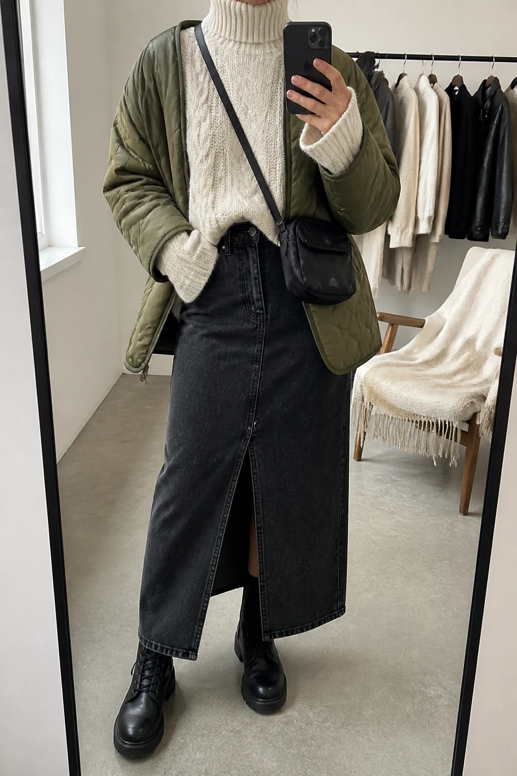 Image Prompt: Mirror selfie of a woman wearing a cream oversized chunky cable-knit turtleneck sweater with a small front tuck into a washed black high-waisted denim maxi skirt with a modest front walking slit, black leather chunky flat lace-up boots, an olive green insulated quilted jacket worn open, and a small black nylon crossbody bag, holding a phone in front of a mirror, cropped at the NECK so the face does not show, with a relaxed casual selfie pose, in a fashion studio mirror corner, soft natural window light, a clothing rack with garments behind and a folded blanket on a chair, realistic cream cable-knit stitches, natural washed black denim texture and olive quilted fabric, latest iPhone photo quality, no additional clothing or accessories.