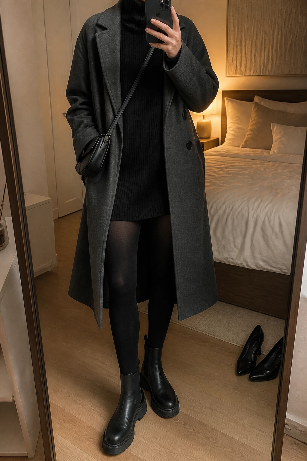 Image Prompt: Mirror selfie of a woman wearing a black oversized chunky-knit turtleneck mini dress, black opaque fleece-lined thermal tights, black leather chunky Chelsea boots with thick flat rubber soles, a long charcoal grey tailored wool coat worn open, and a small black leather crossbody bag, holding a phone in front of a mirror, cropped at the NECK so the face does not show, with a relaxed casual selfie pose, in a cozy bedroom mirror setup, warm soft indoor lighting, soft pillows on an unmade bed and a pair of heels on the floor nearby, realistic chunky knit texture, soft winter fabric folds, latest iPhone photo quality, no additional clothing or accessories.