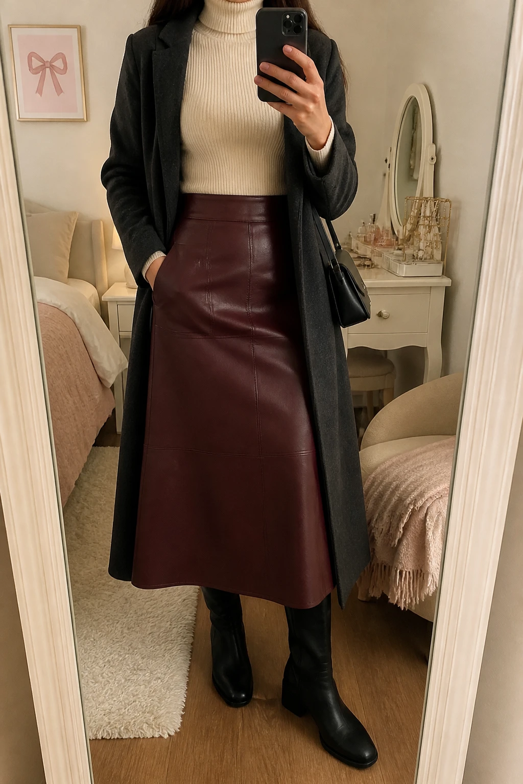 Image Prompt: Mirror selfie of a woman wearing a cream fitted cashmere turtleneck sweater tucked into a burgundy high-waisted faux-leather A-line midi skirt, black leather knee-high boots with low block heels, a long charcoal grey wool coat worn open, and a small black structured shoulder bag, holding a phone in front of a mirror, cropped at the NECK so the face does not show, with a relaxed casual selfie pose, in a feminine-themed bedroom, warm soft indoor lighting, a folded blanket on a chair and a jewelry tray on the vanity, realistic burgundy faux-leather texture, natural cream cashmere knit, soft winter evening styling, latest iPhone photo quality, no additional clothing or accessories.