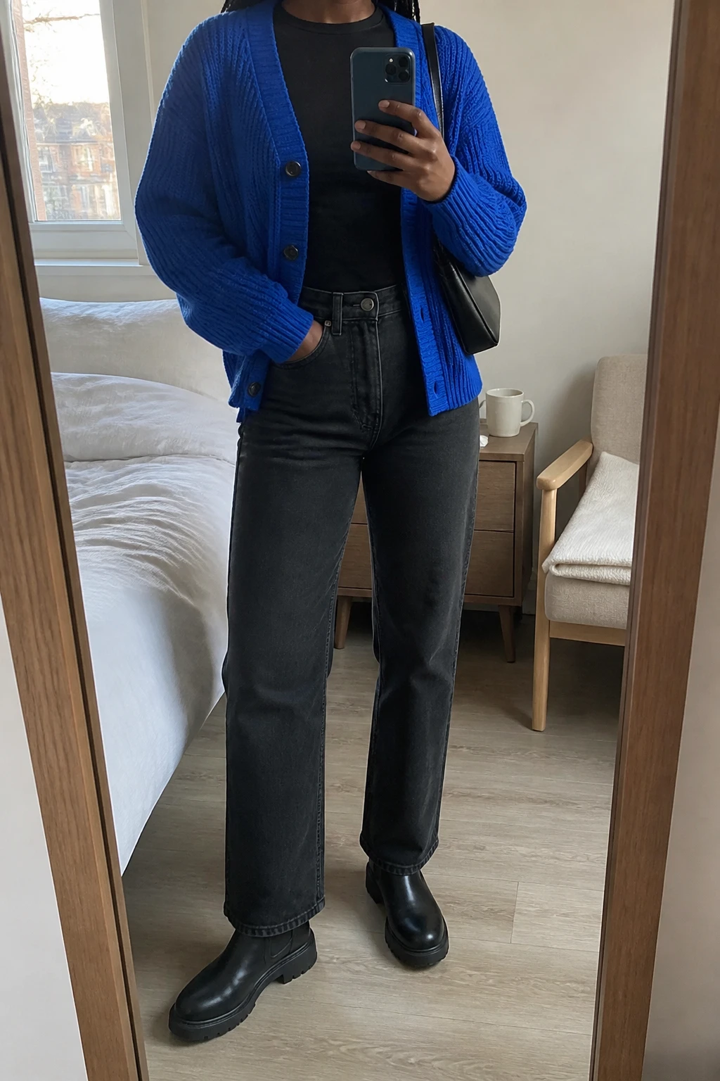 Image Prompt: Mirror selfie of a black woman wearing a vivid sapphire blue chunky ribbed button-front cardigan over a fitted black long-sleeve cotton crewneck top, washed black high-waisted straight-leg denim jeans, black leather chunky flat Chelsea boots, and a small black nylon shoulder bag, holding a phone in front of a mirror, cropped at the NECK so the face does not show, with a relaxed casual selfie pose, in a cozy bedroom mirror setup, soft natural window light, a coffee mug on a bedside table and a folded blanket on a chair, realistic sapphire blue knit texture, natural black denim creases, believable vivid blue fabric without oversaturation, latest iPhone photo quality, no additional clothing or accessories.