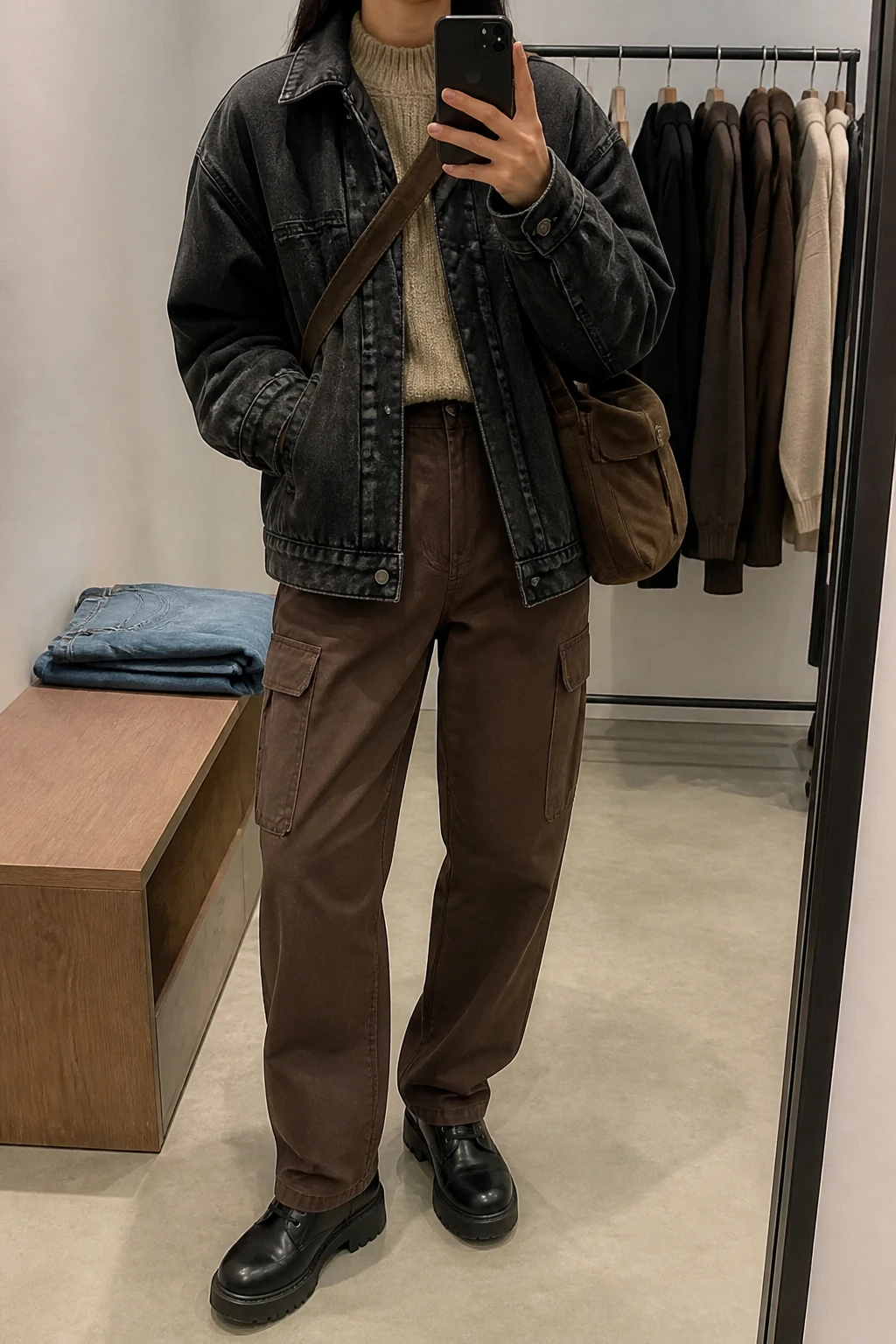 Image Prompt: Mirror selfie of a woman wearing an oversized washed black denim jacket with a warm quilted lining over a beige chunky ribbed mock-neck sweater, chocolate brown high-waisted relaxed straight-leg cargo trousers, black leather chunky lace-up boots with flat rubber soles, and a medium dark brown canvas crossbody bag, holding a phone in front of a mirror, cropped at the NECK so the face does not show, with a relaxed casual selfie pose, in a minimal dressing room, soft indoor lighting, folded denim jeans on a bench and a clothing rack with garments behind, realistic washed black denim texture, natural chocolate cargo fabric and beige chunky knit stitches, latest iPhone photo quality, no additional clothing or accessories.