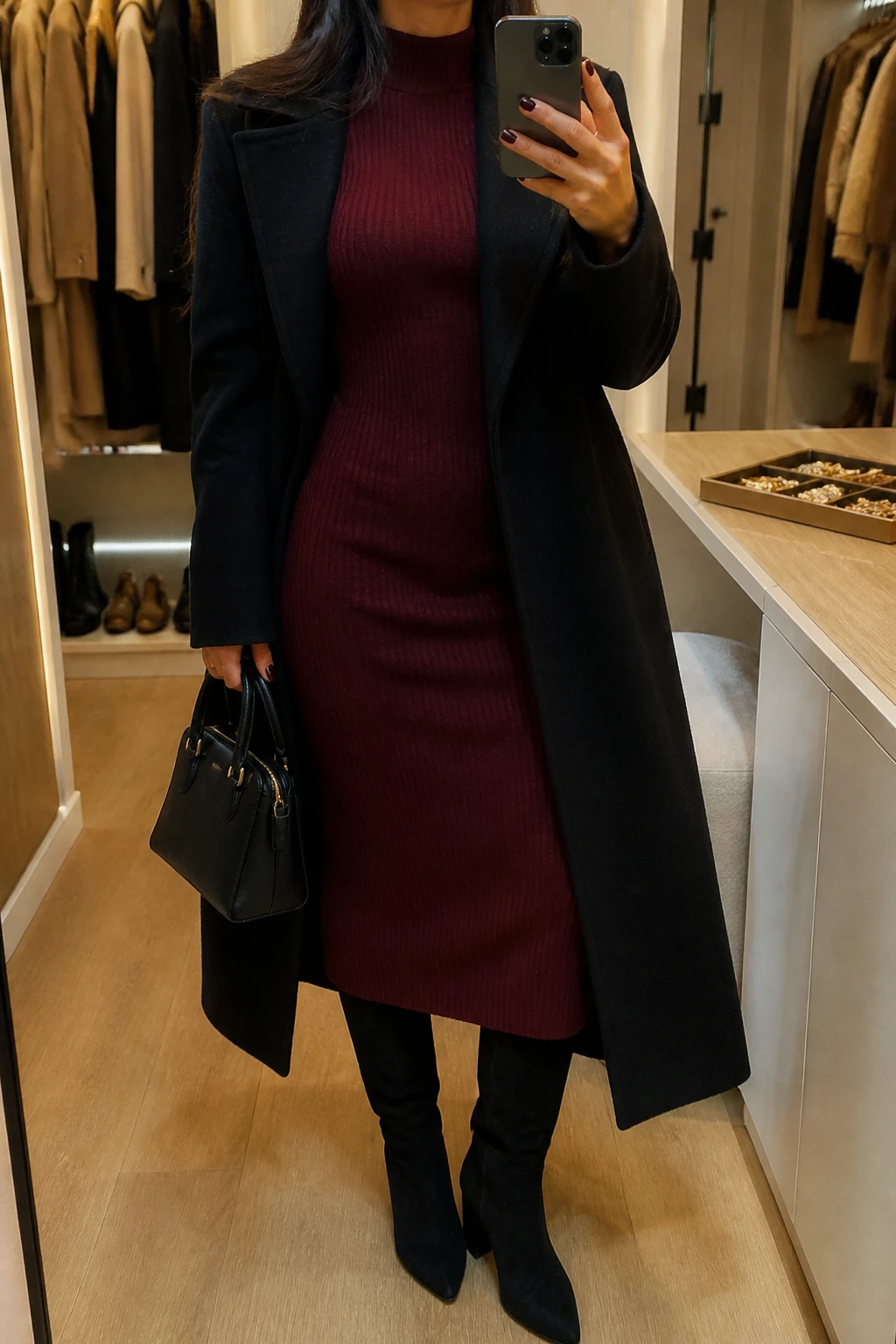 Image Prompt: Mirror selfie of a woman wearing a burgundy long-sleeve fitted ribbed knit midi dress with a mock neckline, black suede knee-high block-heel boots, a long black wool-blend coat worn open, a small black structured leather handbag, and simple gold drop earrings, holding a phone in front of a mirror, cropped at the NECK so the face does not show, with a relaxed casual selfie pose, in a walk-in closet mirror, warm moody indoor lighting, an open closet with clothes visible and a jewelry tray on the vanity, realistic burgundy knit color, natural fabric folds and subtle suede texture, latest iPhone photo quality, no additional clothing or accessories.