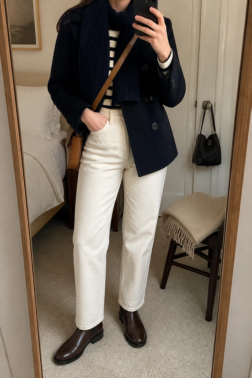 Image Prompt: Mirror selfie of a woman wearing a navy double-breasted wool peacoat over a cream and navy striped fine-knit crewneck sweater, winter-white high-waisted straight-leg denim jeans, dark brown leather flat Chelsea boots with rubber soles, a tan leather crossbody bag, and a navy ribbed wool scarf, holding a phone in front of a mirror, cropped at the NECK so the face does not show, with a relaxed casual selfie pose, in a cozy bedroom mirror setup, soft indoor lighting, a folded blanket on a chair and a handbag hanging on a door handle, realistic navy wool fabric, natural striped knit texture and subtle denim creases, latest iPhone photo quality, no additional clothing or accessories.
