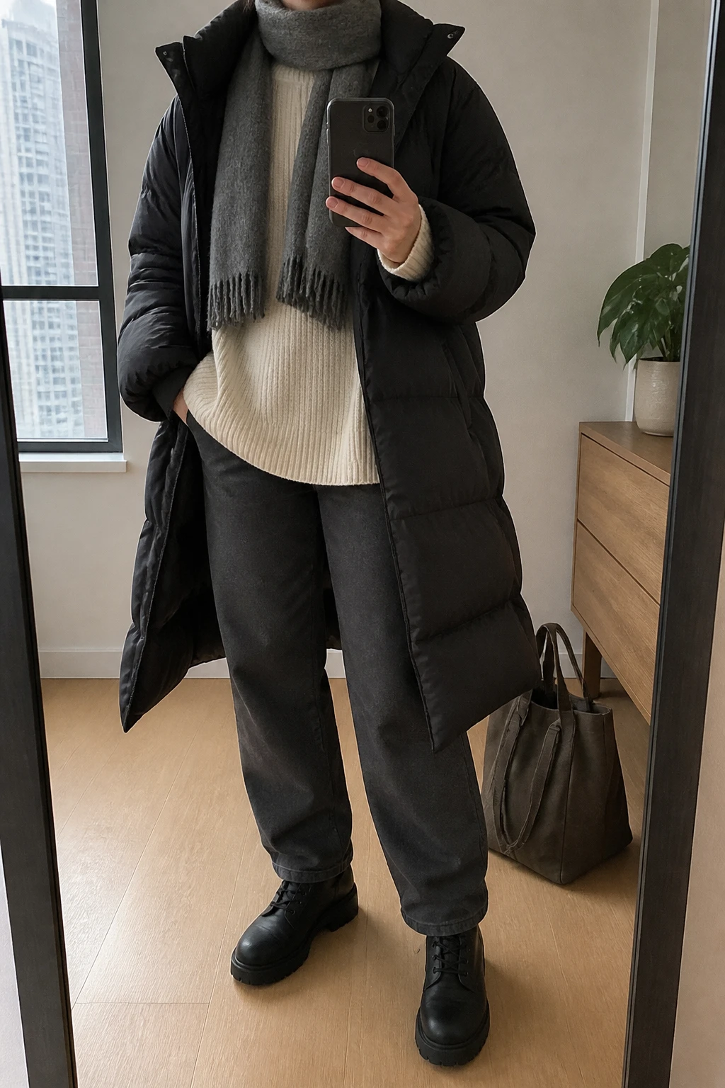Image Prompt: Mirror selfie of a woman wearing a long black insulated down puffer coat open over an ivory oversized chunky-knit mock-neck sweater, charcoal grey fleece-lined straight-leg trousers, black waterproof leather chunky lace-up ankle boots with rubber soles, and a grey wool scarf wrapped around the neck, holding a phone in front of a mirror, cropped at the NECK so the face does not show, with a relaxed casual selfie pose, in a stylish city apartment, soft indoor lighting, a tote bag resting on the floor and a small plant on a dresser, realistic puffer coat volume, thick sweater texture and natural winter fabric folds, latest iPhone photo quality, no additional clothing or accessories.