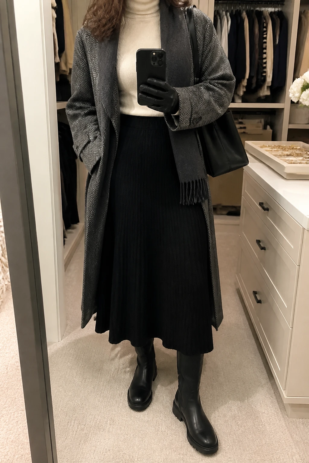 Image Prompt: Mirror selfie of a woman wearing a long charcoal grey heavyweight herringbone wool coat over a cream fitted merino wool turtleneck sweater, black high-waisted thick ribbed knit A-line maxi skirt with black fleece-lined thermal leggings underneath, black waterproof leather knee-high insulated flat boots with rubber soles, a charcoal grey cashmere scarf, black leather winter gloves, and a structured black leather shoulder bag, holding a phone in front of a mirror, cropped at the NECK so the face does not show, with a relaxed casual selfie pose, in a walk-in closet mirror, soft indoor lighting, an open closet with clothes visible and a jewelry tray on the vanity, realistic grey herringbone coat texture, natural black ribbed skirt folds and cream merino wool knit, latest iPhone photo quality, no additional clothing or accessories.
