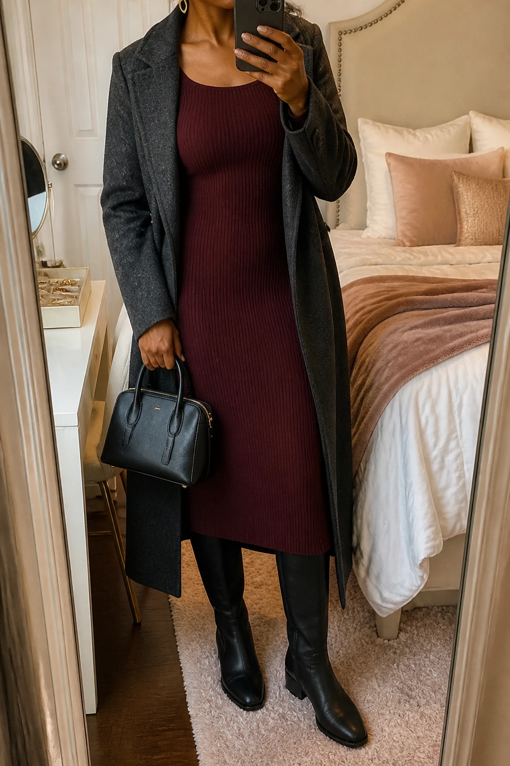 Image Prompt: Mirror selfie of a black woman wearing a deep burgundy long-sleeve ribbed knit midi dress with a softly fitted waist and modest square neckline, black leather knee-high boots with low block heels, a long charcoal grey tailored wool coat worn open, a small black structured leather handbag, and delicate gold oval earrings, holding a phone in front of a mirror, cropped at the NECK so the face does not show, with a relaxed casual selfie pose, in a feminine-themed bedroom, warm soft indoor lighting, soft pillows on an unmade bed and a jewelry tray on the vanity, realistic burgundy knit stitches, natural charcoal wool folds, believable warm brown skin tones, latest iPhone photo quality, no additional clothing or accessories.