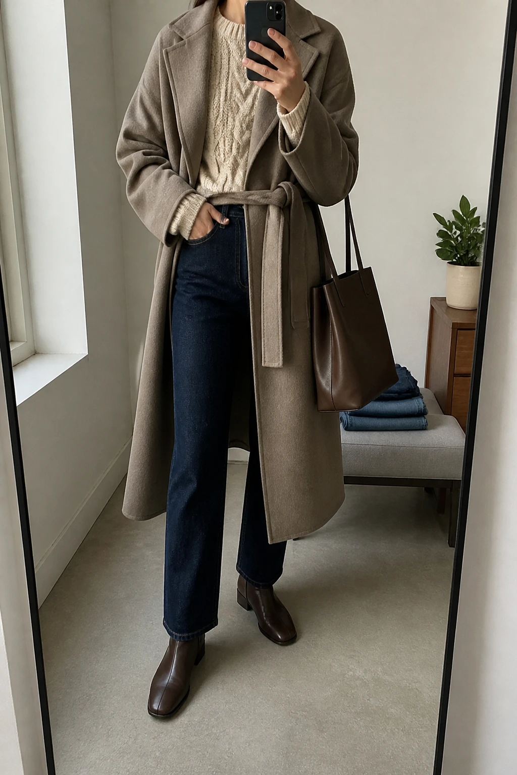 Image Prompt: Mirror selfie of a woman wearing a long taupe belted wool wrap coat over an oatmeal chunky cable-knit sweater, dark indigo high-waisted straight-leg jeans, chocolate brown leather flat ankle boots, and a medium dark brown leather tote bag, holding a phone in front of a mirror, cropped at the NECK so the face does not show, with a relaxed casual selfie pose, in a minimal dressing room, soft natural window light, folded denim jeans on a bench and a small plant on a dresser, realistic taupe wool fabric and natural chunky-knit sweater texture, latest iPhone photo quality, no additional clothing or accessories.