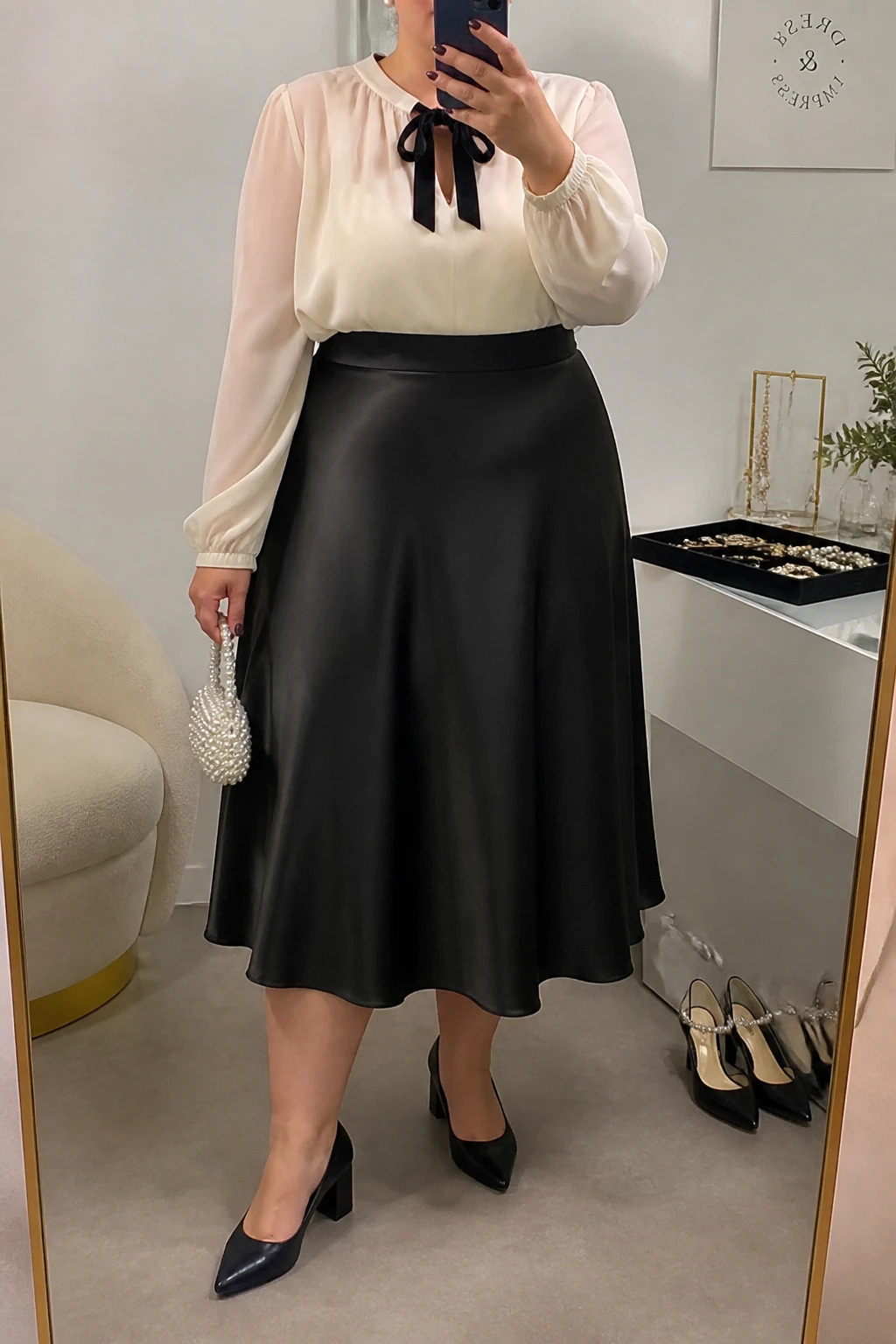 Mirror selfie of a plus size woman wearing a high-waisted black satin A-line midi skirt, an ivory chiffon blouse with long sleeves and a small black velvet bow at the neckline, black pointed block heels, a pearl mini handbag, and pearl stud earrings, clearly showing the exact clothing items, black satin, ivory chiffon, bow detail, footwear, and accessories listed, holding a phone in front of a mirror, cropped at the neck so her face is hidden, relaxed polished selfie pose, in a fashion studio mirror corner with soft indoor lighting, a jewelry tray on the vanity and a pair of heels on the floor nearby, realistic classic graduation outfit, latest iPhone photo quality.