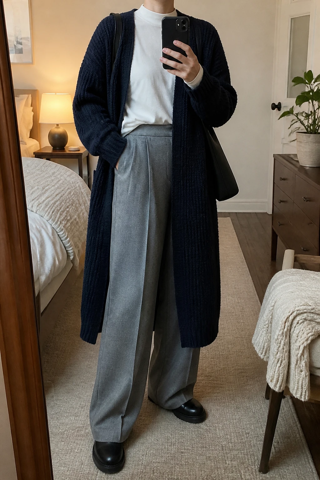 Image Prompt: Mirror selfie of a woman wearing a long navy chunky-knit open-front cardigan extending below the knees over a white relaxed-fit cotton long-sleeve mock-neck top, heather grey high-waisted wide-leg wool-blend trousers, black leather chunky flat Chelsea boots, and a medium black leather shoulder tote, holding a phone in front of a mirror, cropped at the NECK so the face does not show, with a relaxed casual selfie pose, in a cozy bedroom mirror setup, warm soft indoor lighting, a folded blanket on a chair and a small plant on a dresser, realistic navy chunky-knit texture, natural grey trouser folds and soft everyday lighting, latest iPhone photo quality, no additional clothing or accessories.
