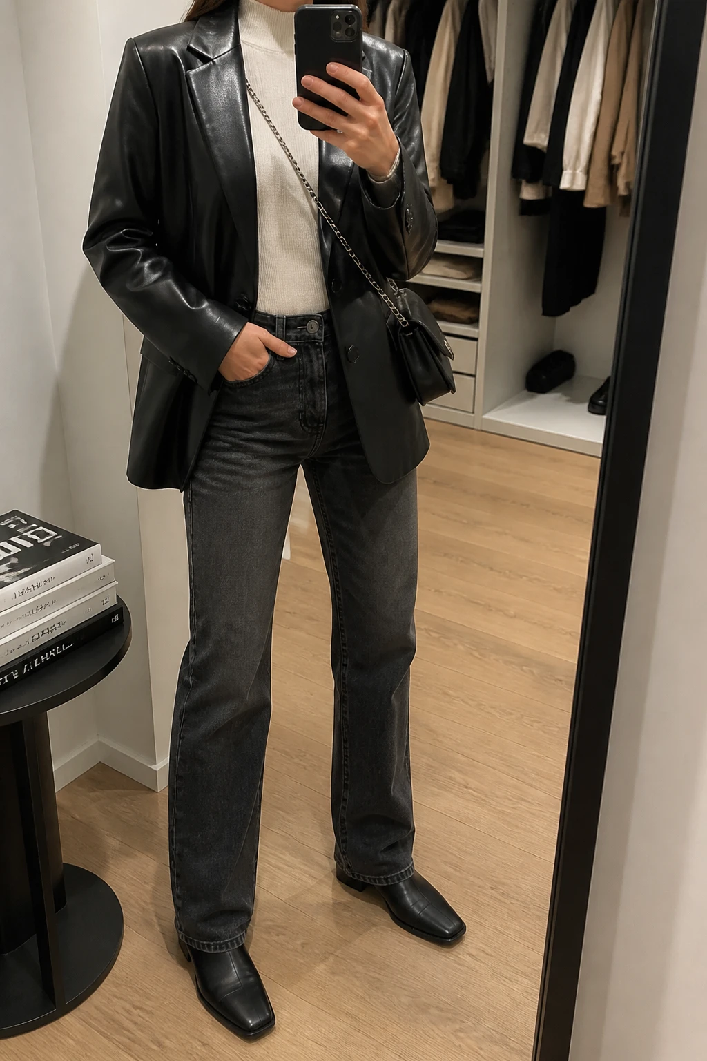 Image Prompt: Mirror selfie of a woman wearing an oversized black faux-leather single-breasted blazer over a fitted cream fine-knit mock-neck sweater, faded charcoal grey straight-leg denim jeans, black leather square-toe ankle boots with flat soles, and a small black structured chain-strap crossbody bag, holding a phone in front of a mirror, cropped at the NECK so the face does not show, with a relaxed casual selfie pose, in a walk-in closet mirror, soft indoor lighting, an open closet with clothes visible and a stack of fashion magazines on a side table, realistic leather blazer drape and subtle denim creases, latest iPhone photo quality, no additional clothing or accessories.