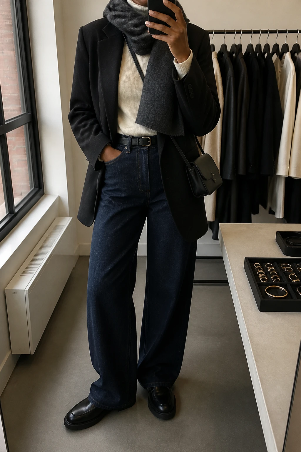 Image Prompt: Mirror selfie of a black woman wearing an oversized black tailored wool-blend blazer over a cream fitted fine-knit turtleneck sweater, dark indigo high-waisted wide-leg denim jeans, black leather chunky flat loafers with rubber soles, a small structured black leather crossbody bag, and a charcoal grey wool scarf folded neatly around the neck, holding a phone in front of a mirror, cropped at the NECK so the face does not show, with a relaxed casual selfie pose, in a fashion studio mirror corner, soft natural window light, a clothing rack with garments behind and a jewelry tray on the vanity, realistic black wool tailoring, natural dark denim folds and soft cream knit texture, latest iPhone photo quality, no additional clothing or accessories.
