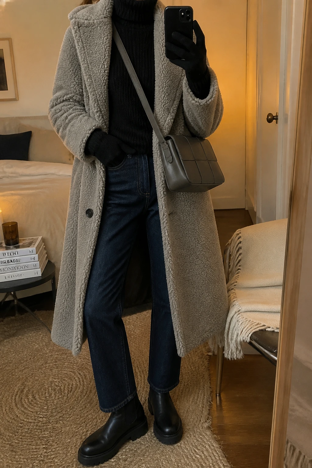 Image Prompt: Mirror selfie of a woman wearing a long light grey teddy-fleece coat over a black fitted chunky-knit turtleneck, dark indigo straight-leg jeans, black waterproof leather Chelsea boots with thick rubber soles, a small charcoal grey leather crossbody bag, and black knitted gloves, holding a phone in front of a mirror, cropped at the NECK so the face does not show, with a relaxed casual selfie pose, in a cozy bedroom mirror setup, warm moody lighting, a folded blanket on a chair and a stack of fashion magazines on a side table, believable teddy fabric texture and realistic everyday denim, latest iPhone photo quality, no additional clothing or accessories.