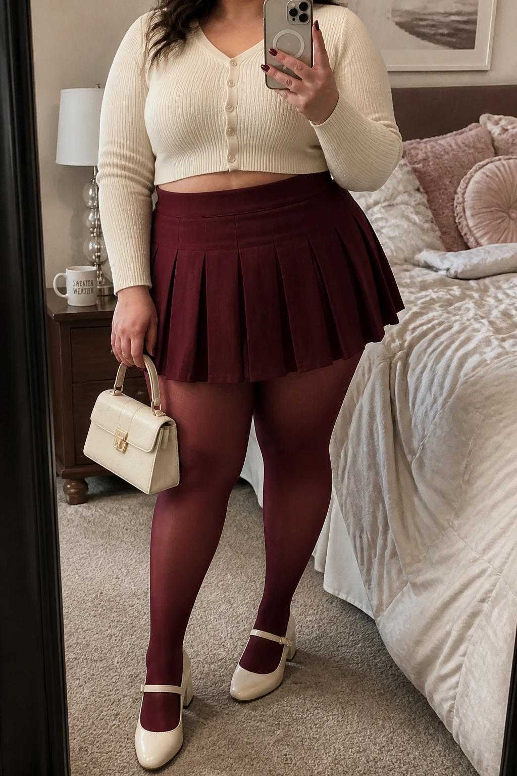 Mirror selfie of a plus size woman wearing a burgundy high-waisted pleated mini skirt, a fitted cream cropped cardigan buttoned at the front, sheer burgundy tights, cream Mary Jane block heels, and a small cream top-handle bag, clearly showing the exact clothing items, burgundy pleats, cream knit, matching tights, footwear, and accessories listed, holding a phone in front of a mirror, cropped at the neck so her face does not show, relaxed soft selfie pose, in a cozy bedroom mirror setup with soft indoor lighting, a coffee mug on a bedside table and soft pillows on an unmade bed, realistic feminine outfit, latest iPhone photo quality.