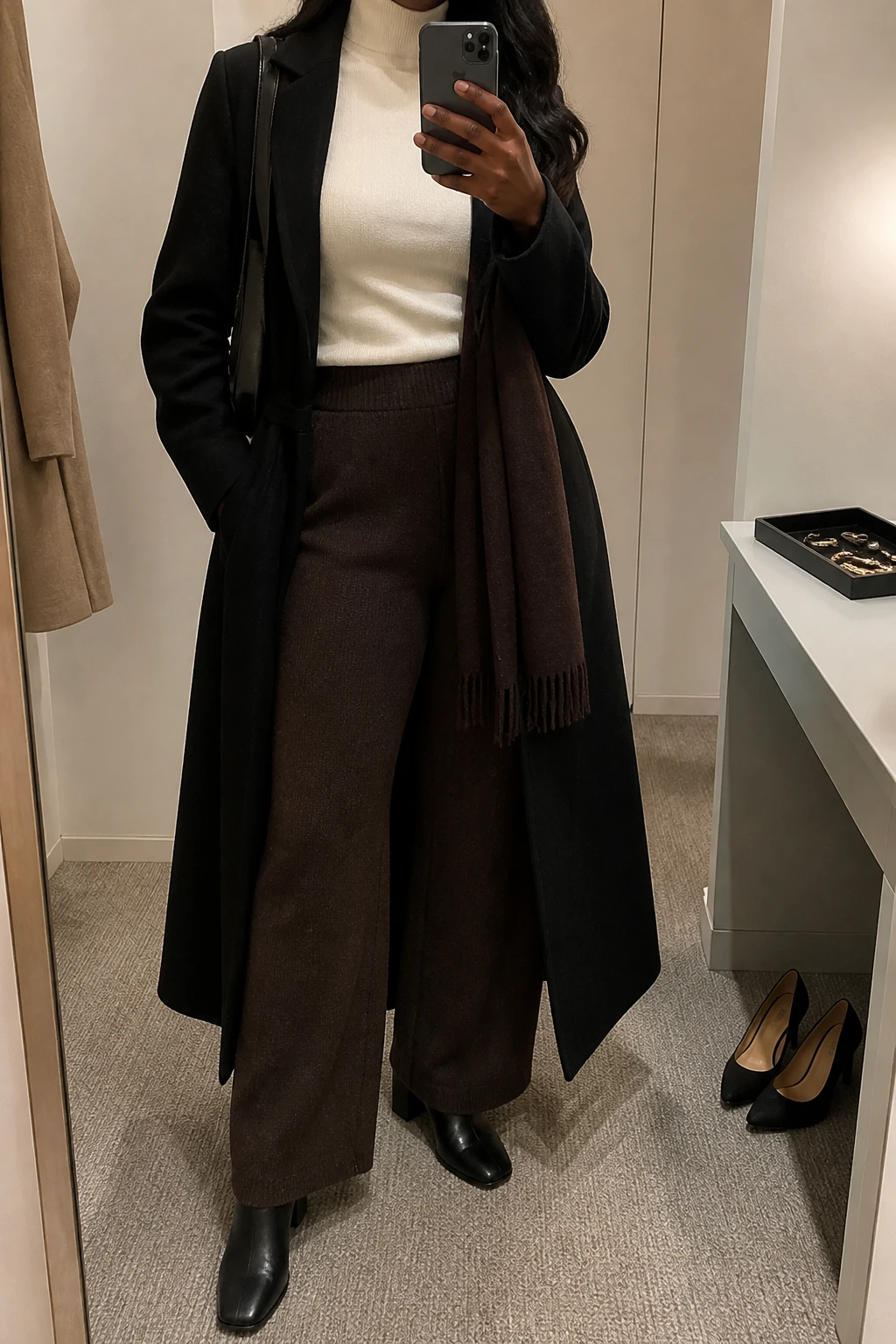 Image Prompt: Mirror selfie of a black woman wearing a long black belted wool coat over an ivory fitted cashmere turtleneck, chocolate brown high-waisted wide-leg knit trousers, black leather heeled ankle boots with rubber soles, a structured black leather shoulder bag, and a dark brown wool scarf, holding a phone in front of a mirror, cropped at the NECK so the face does not show, with a relaxed casual selfie pose, in a minimal dressing room, warm soft indoor lighting, a jewelry tray on the vanity and a pair of heels on the floor nearby, realistic cashmere and wool textures, natural clothing folds and casual selfie posture, latest iPhone photo quality, no additional clothing or accessories.