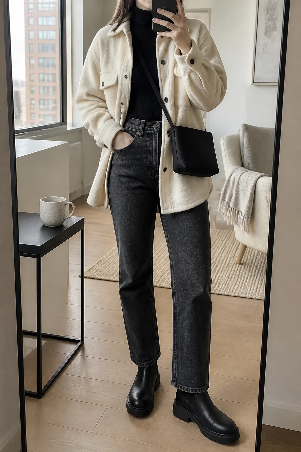 Image Prompt: Mirror selfie of a woman wearing an oversized cream brushed wool-blend shirt jacket with large front pockets over a black fitted ribbed turtleneck sweater, charcoal grey high-waisted straight-leg denim jeans, black leather chunky flat ankle boots, and a small black nylon crossbody bag, holding a phone in front of a mirror, cropped at the NECK so the face does not show, with a relaxed casual selfie pose, in a stylish city apartment, soft natural window light, a coffee mug on a side table and a folded blanket on a chair, realistic brushed wool texture, natural charcoal denim creases and comfortable layered appearance, latest iPhone photo quality, no additional clothing or accessories.
