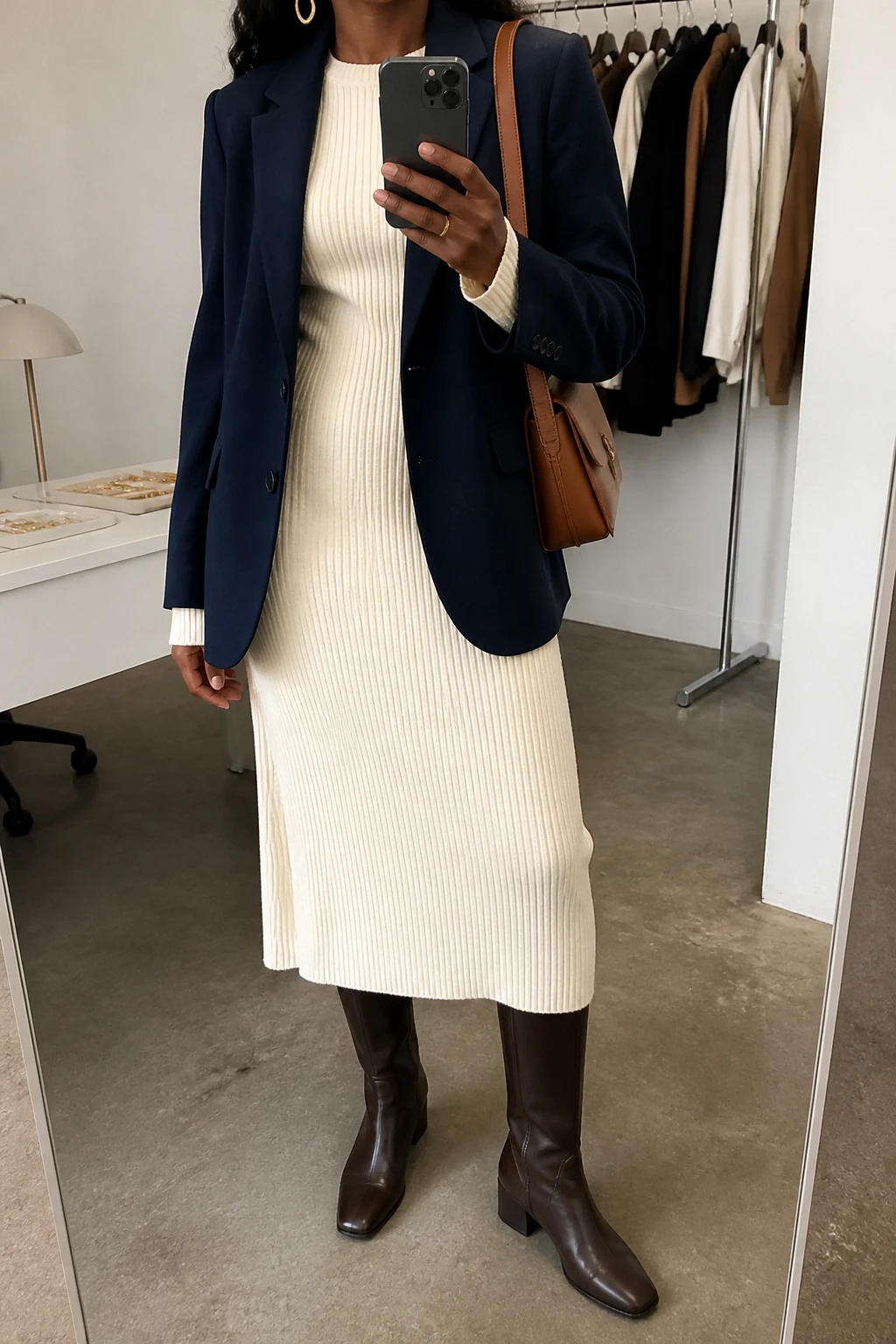 Image Prompt: Mirror selfie of a black woman wearing a navy tailored wool-blend blazer over a cream long-sleeve ribbed knit midi dress with a softly fitted waist, dark brown leather knee-high boots with low block heels, a structured tan leather shoulder bag, and simple gold oval earrings, holding a phone in front of a mirror, cropped at the NECK so the face does not show, with a relaxed casual selfie pose, in a fashion studio mirror corner, soft indoor lighting, a clothing rack with garments behind and a jewelry tray on the vanity, natural navy blazer texture, realistic cream knit dress folds and dark brown leather finish, latest iPhone photo quality, no additional clothing or accessories.