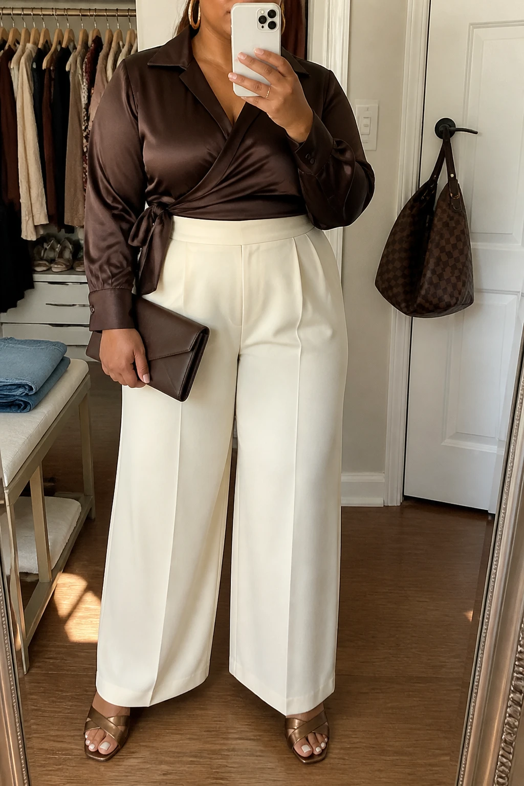 Mirror selfie of a plus size woman wearing a chocolate brown satin wrap blouse with long sleeves and a softly tied waist, high-waisted cream palazzo trousers in lightweight crepe, metallic bronze block-heel sandals, a chocolate brown envelope clutch, and hammered gold hoop earrings, clearly showing the exact clothing items, brown satin, cream trousers, colors, fabrics, footwear, and accessories listed, holding a phone in front of a mirror, cropped at the neck so her face does not appear, relaxed elegant selfie stance, in a walk-in closet mirror with natural window light, a handbag hanging on a door handle and folded denim jeans on a bench, realistic graduation dinner outfit, latest iPhone photo quality.