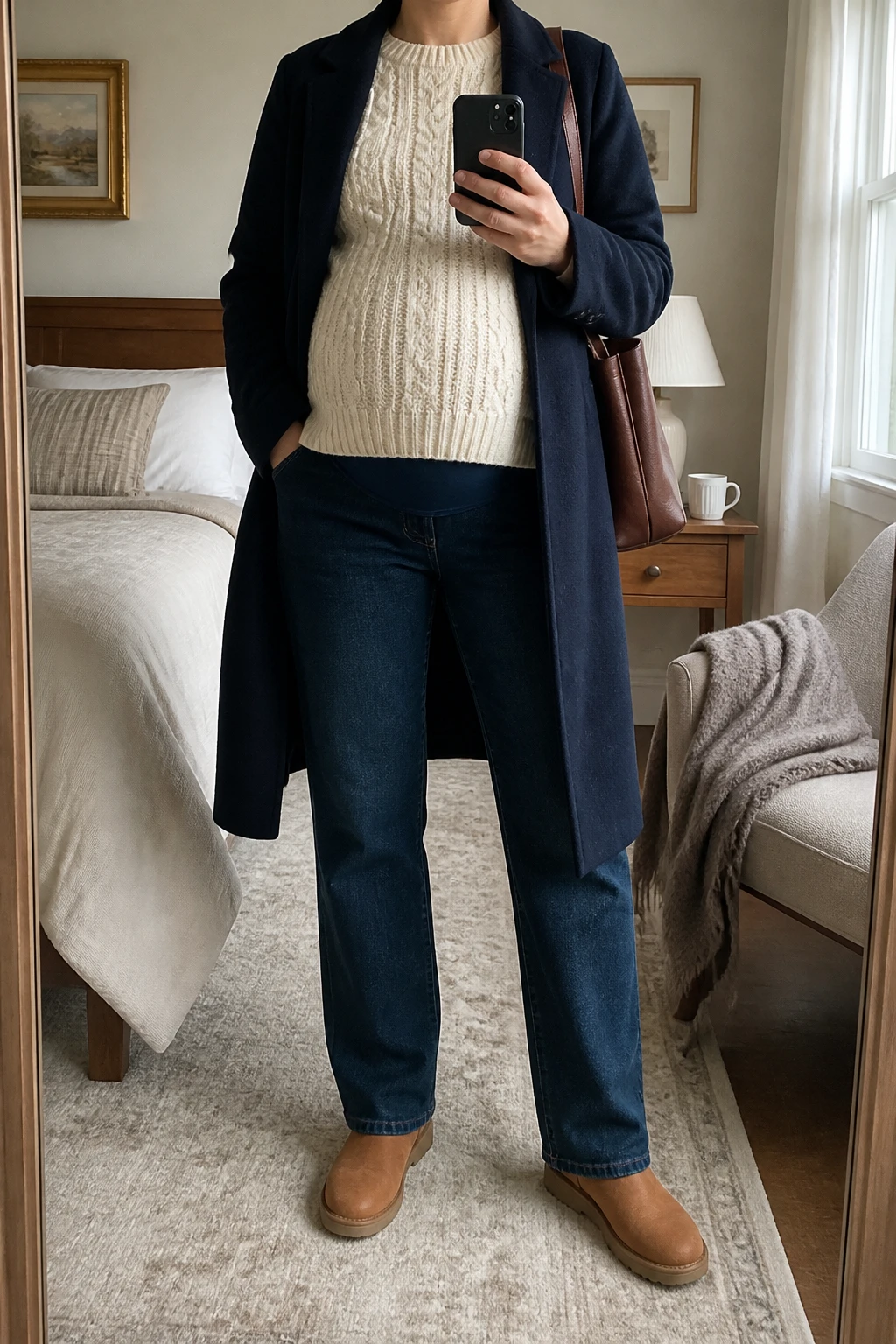 Image Prompt: Mirror selfie of a visibly pregnant woman wearing a cream oversized soft cable-knit crewneck sweater with extra room around her baby bump, dark indigo over-the-bump straight-leg maternity jeans, a long navy wool-blend tailored coat worn open, tan leather flat ankle boots with rubber soles, and a medium chocolate brown leather shoulder bag, holding a phone in front of a mirror, cropped at the NECK so the face does not show, with a relaxed casual selfie pose and naturally visible pregnancy shape beneath the sweater, in a cozy bedroom mirror setup, soft natural window light, a folded blanket on a chair and a coffee mug on a bedside table, realistic cable-knit stitches, natural denim creases, comfortable maternity styling, latest iPhone photo quality, no additional clothing or accessories.